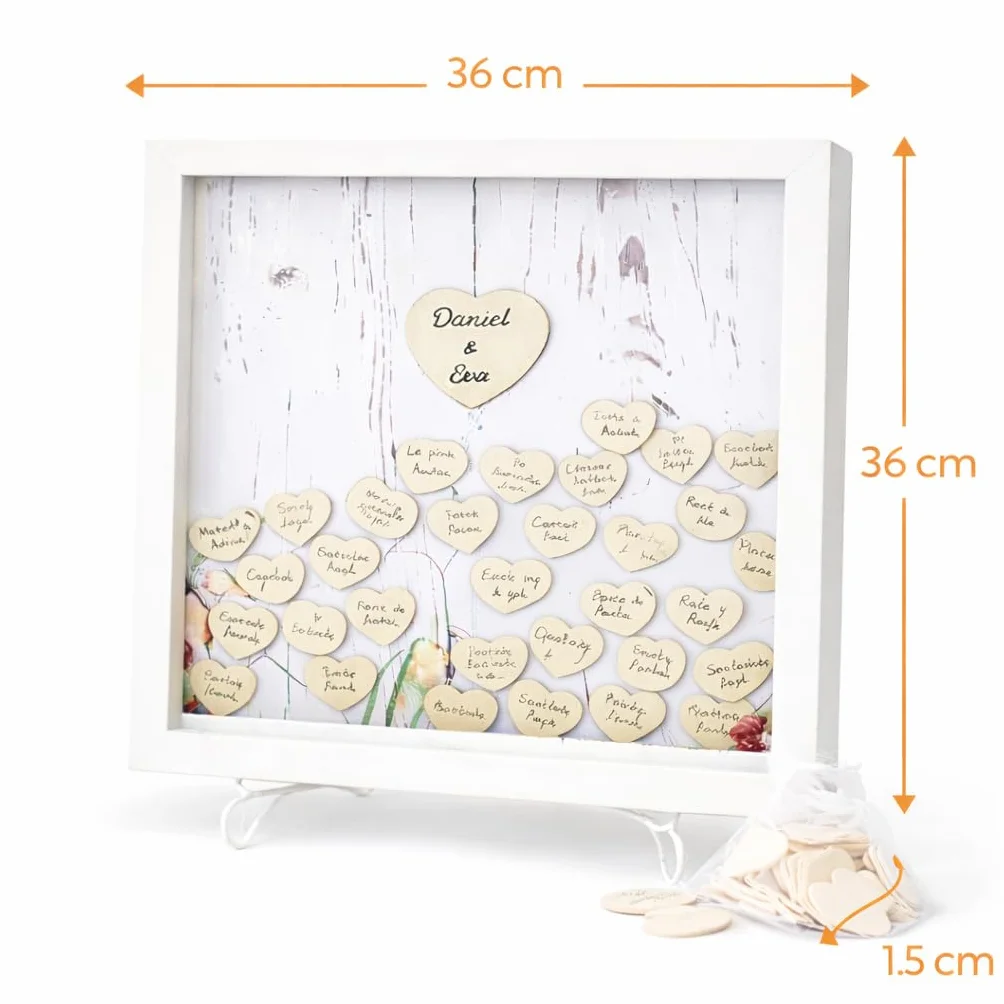 Didart Handmade Libro de visitas Boda. Firma Invitados, Tamaño 36 x 36 cm.80 Corazones Boda, Comunión, Bautizo. Marco de Madera blanco con Soporte de Hierro