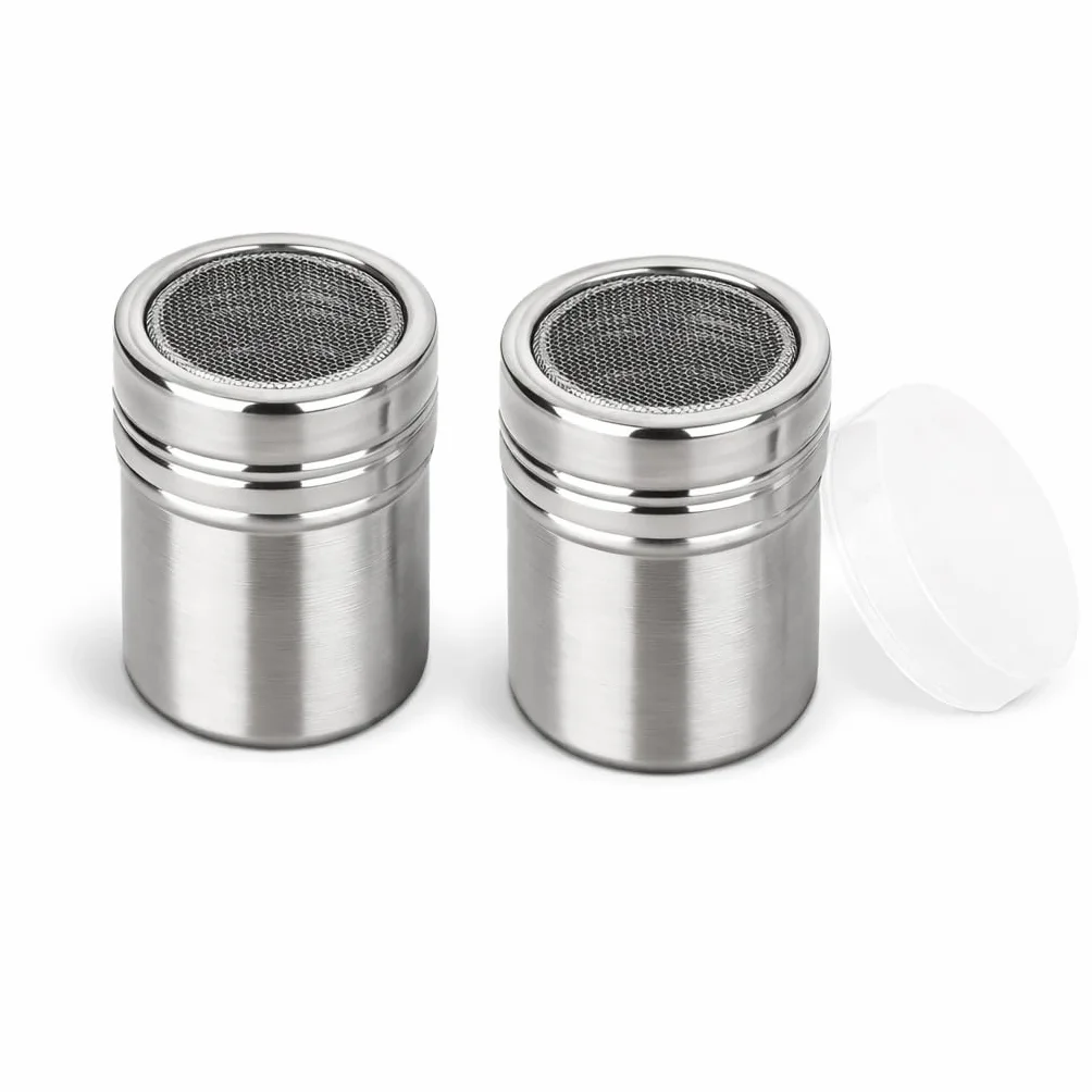 Juego de 2 aspersoras de acero inoxidable, tamiz de azúcar, cacacao, harina, dispensador fino de malla para azúcar, cacacao, harina, café, matcha, canela herramienta de cocina versátil