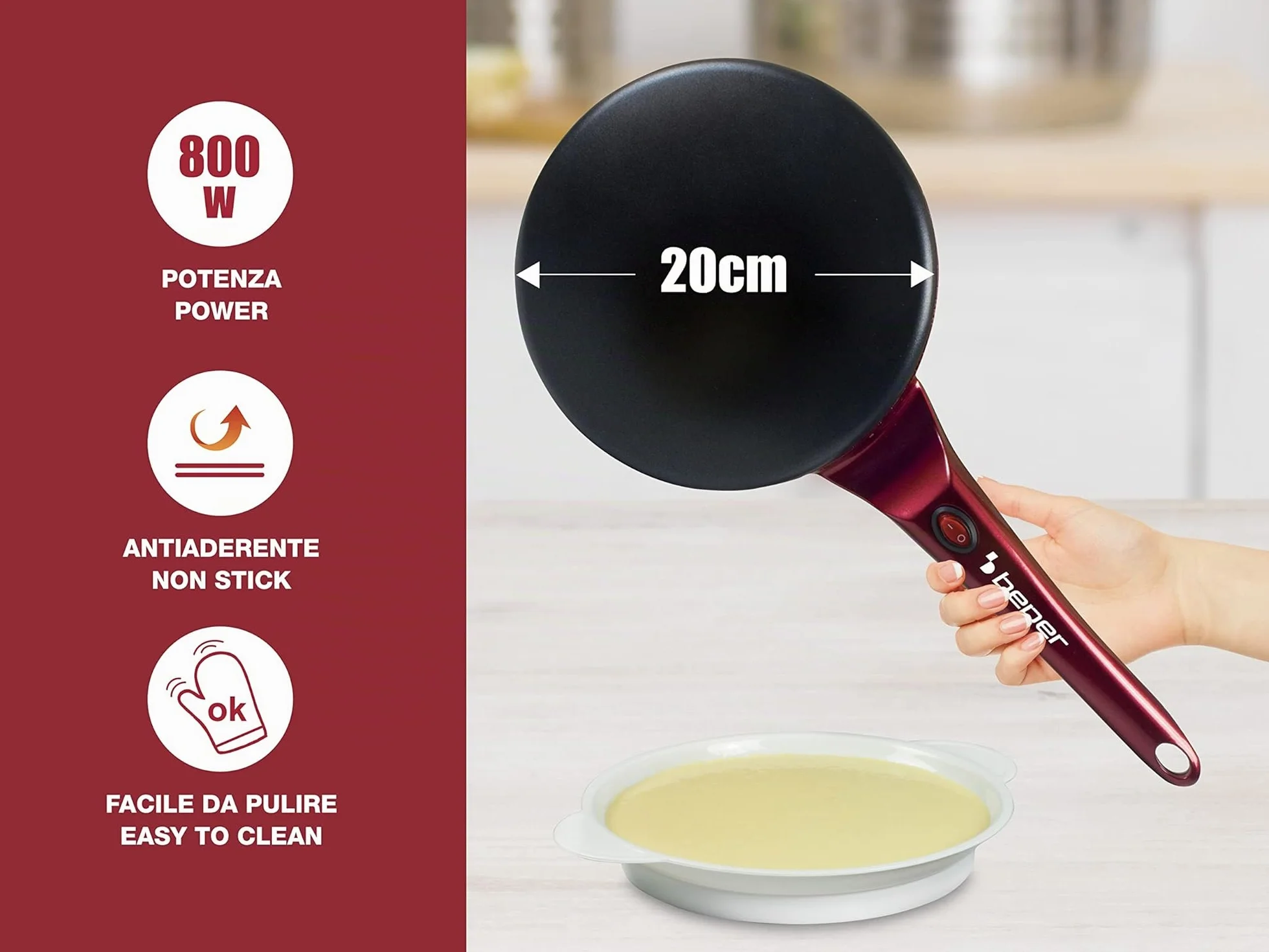 BEPER BT.710Y Crepera eléctrica con mango, 800W, Placa antiadherente, Espátula de madera incluida, Rojo