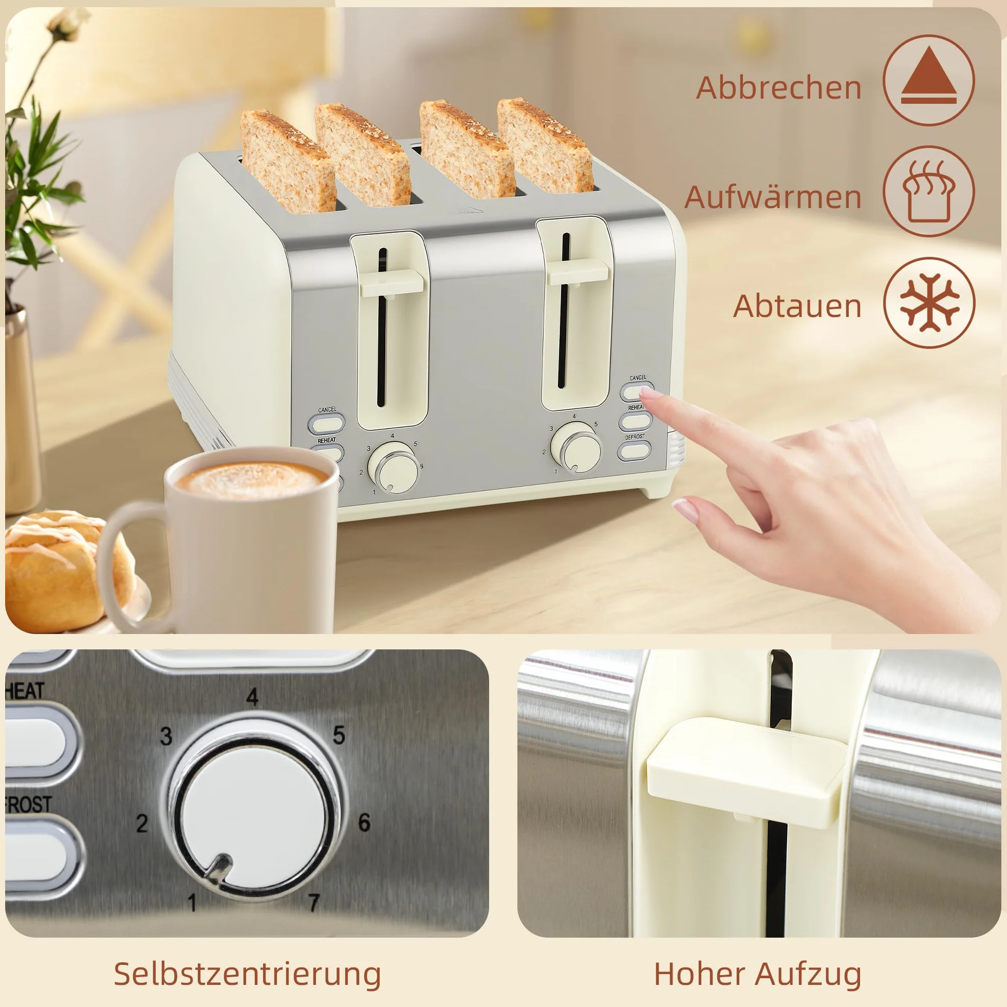 HOMCOM Hervidor tostador Set de desayuno con tostador de 4 rebanadas, hervidor de 1,7 litros, 2200 W, 7 niveles de tostado, bandeja recogemigas, descongelación, recalentamiento y termostato Strix,