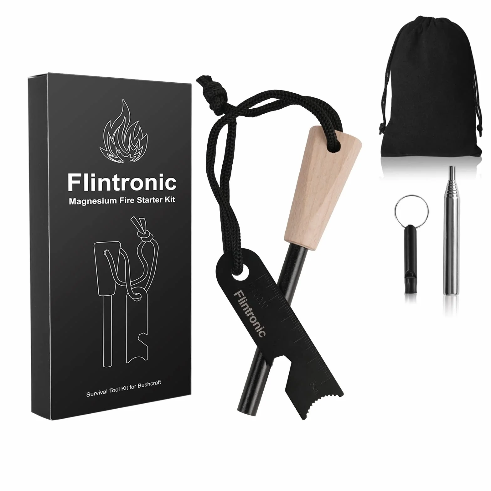 Flintronic Pedernal para Fuego Kits Encendedor Supervivencia de Acero Resistente al Agua con Silbato y Raspador