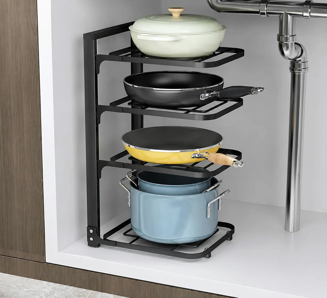 Deconation Range cacerolas y sartenes de 4 niveles – Soporte de almacenamiento de cocina vertical – 27 x 23 x 52 cm, color negro