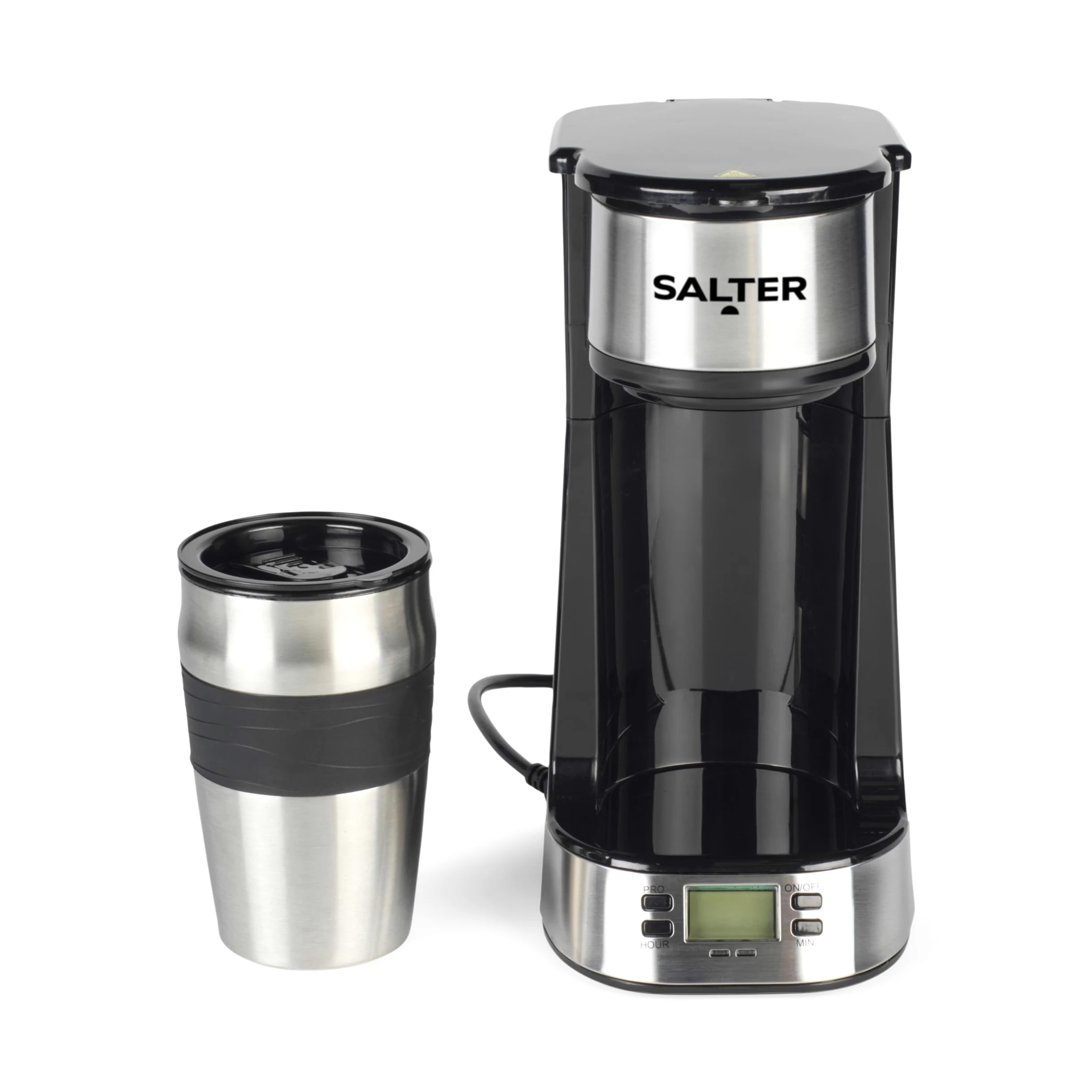 Salter Cafetera de Filtro Digital – Filtro Lavable y Reutilizable, Incluye Taza de Viaje de 420 ml de Acero Inoxidable, Prepara Café en 3-4 Minutos, Compatible con Café Molido o Pads