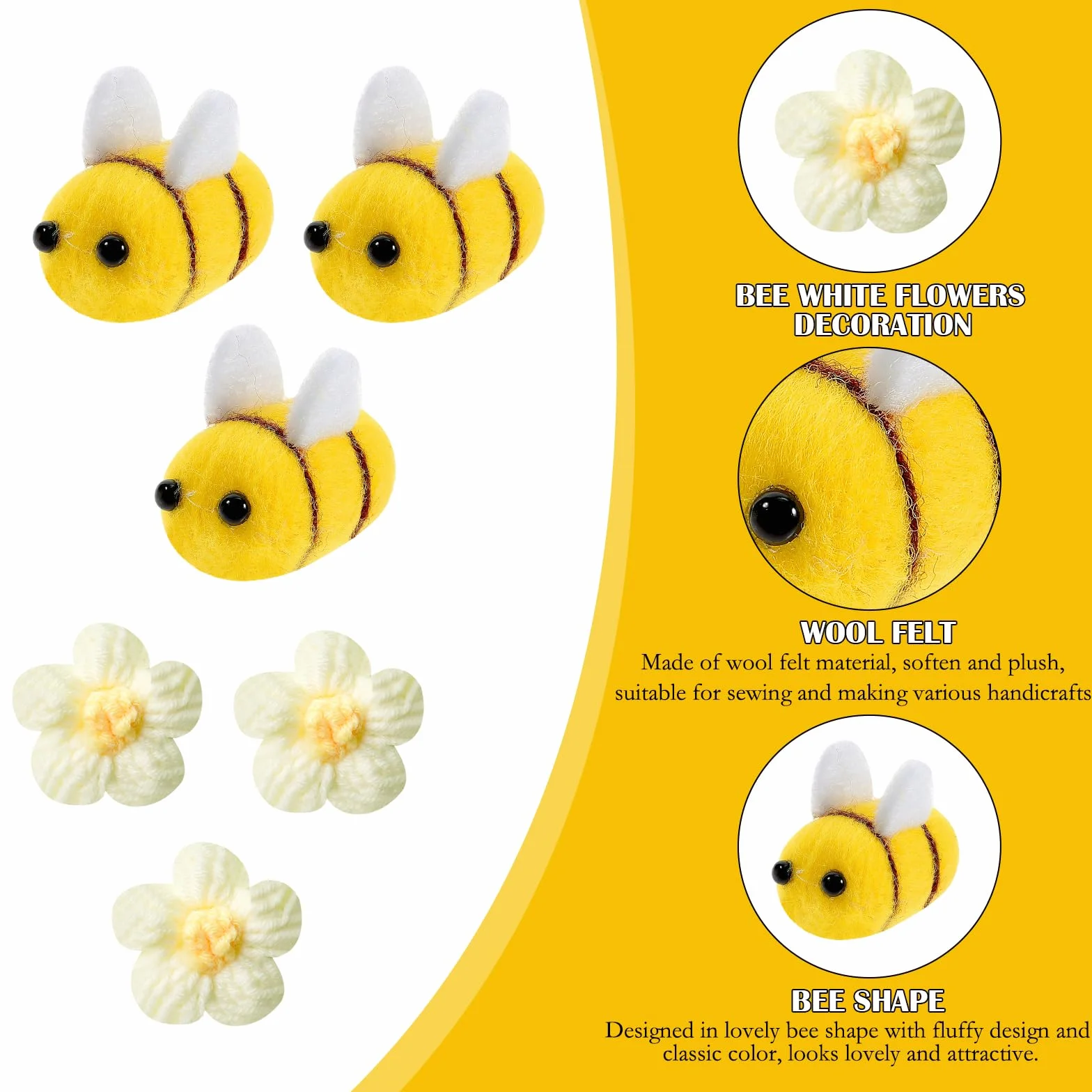 APOMOONS 24 abejas decorativas y 12 flores blancas de ganchillo, abejas de fieltro, pequeñas abejas, decoración de fieltro, miniabeja, mariquita, decoración para manualidades, tienda, ropa,