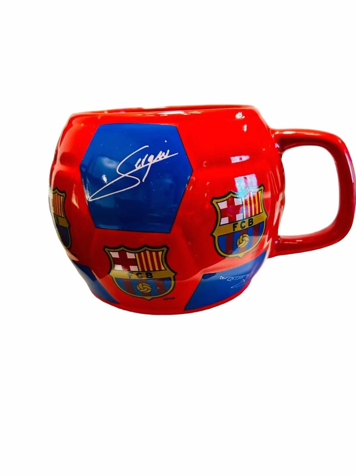 Taza balón de fútbol con firma jugadores Barcelona cerámica