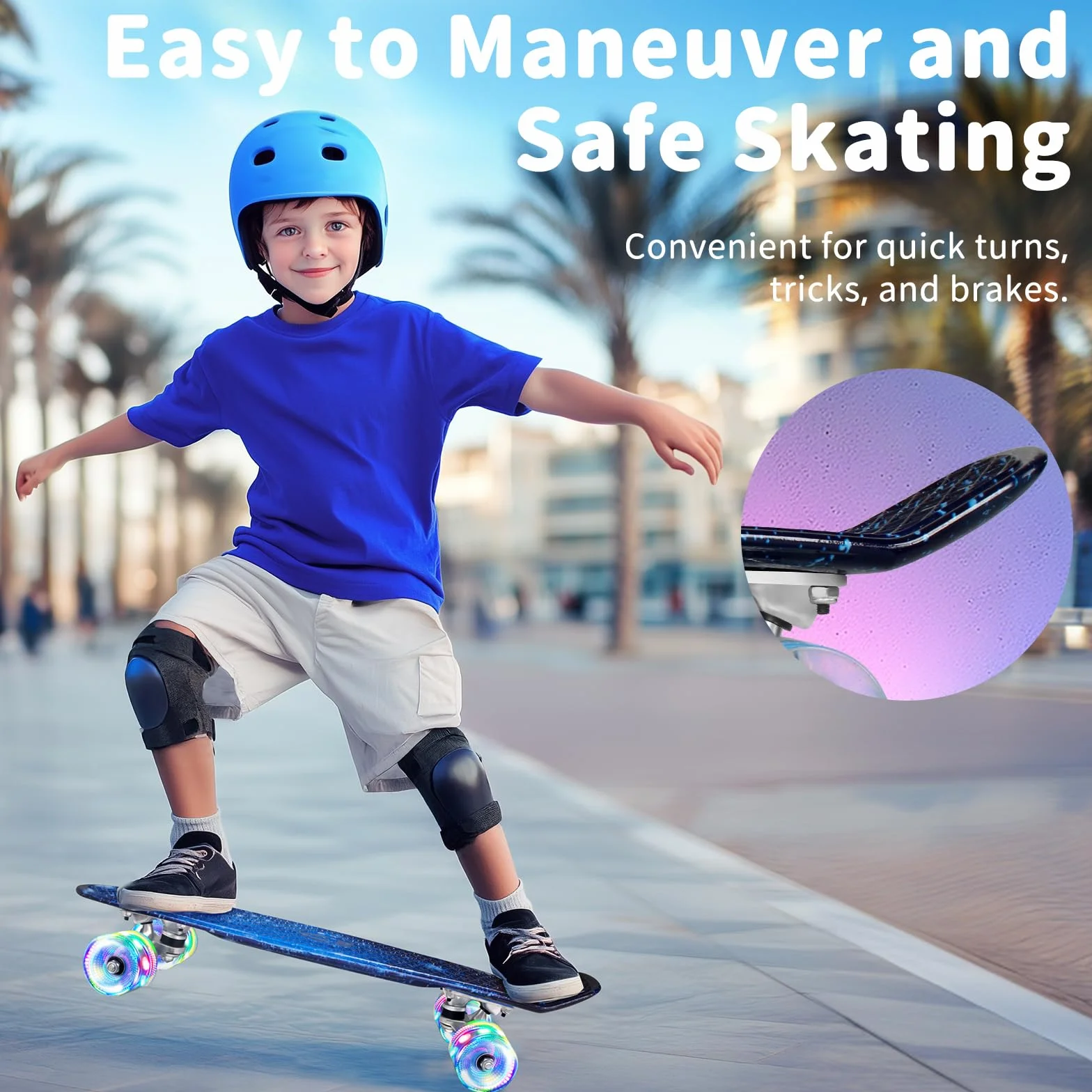 BELEEV Skateboard Complete 22 x 6 Inch Mini para Niños Principiantes Ruedas LED PU con Herramienta en T Monopatín 55cm