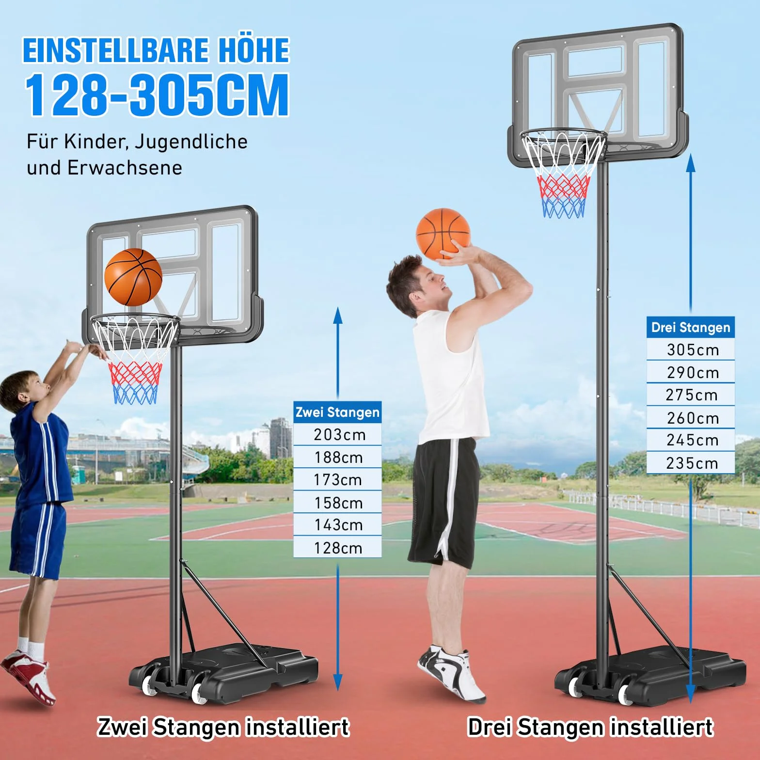 Canasta de Baloncesto para Exteriores Soporte Ajustable 128-305 cm para Niños Adolescentes Adultos Patio Trasero Interior