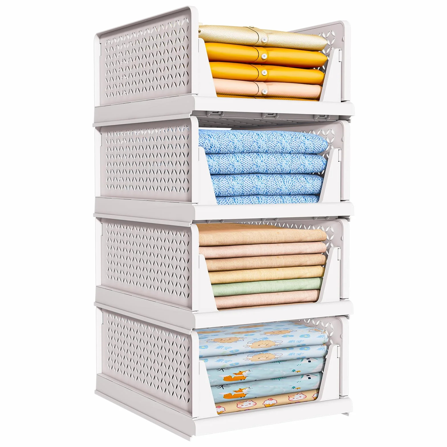 TidyIsles Organizador Armario Plegable Apilable 4 Unidades, Cajonera Plástico Separadores, Almacenamiento Ropa para Dormitorio Baño Blanco