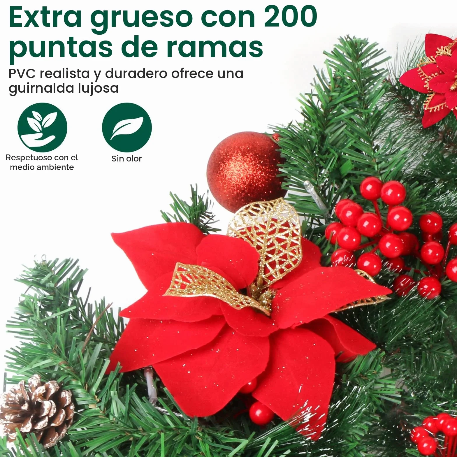Guirnalda de Navidad 2.7M Con Luces, Árbol Artificial, Corona para Chimenea, Escalera y Decoraciones