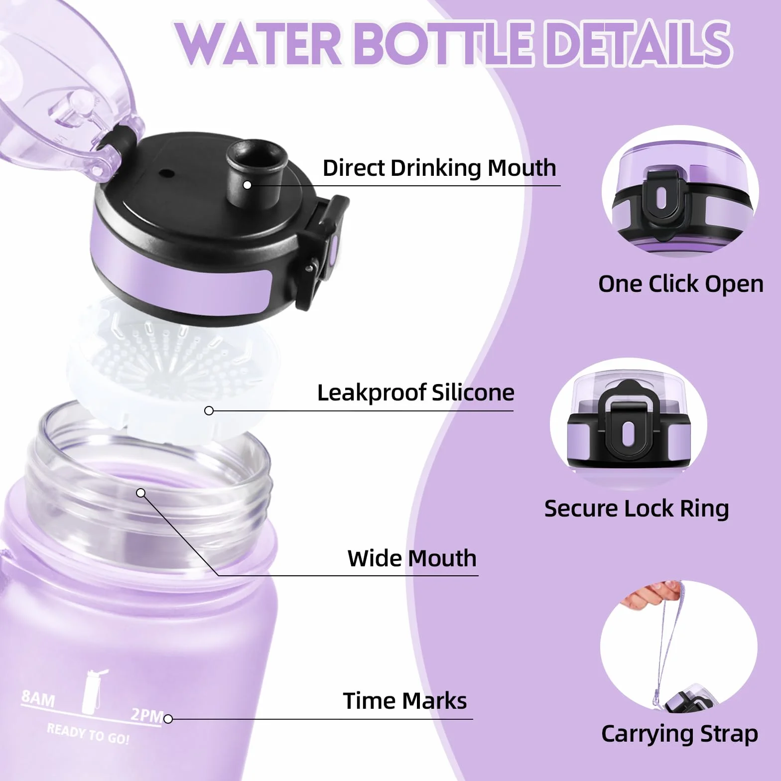 HoneyHolly Botella Agua 1L Marcador de Tiempo Portátil Reutilizable A Prueba de Fugas