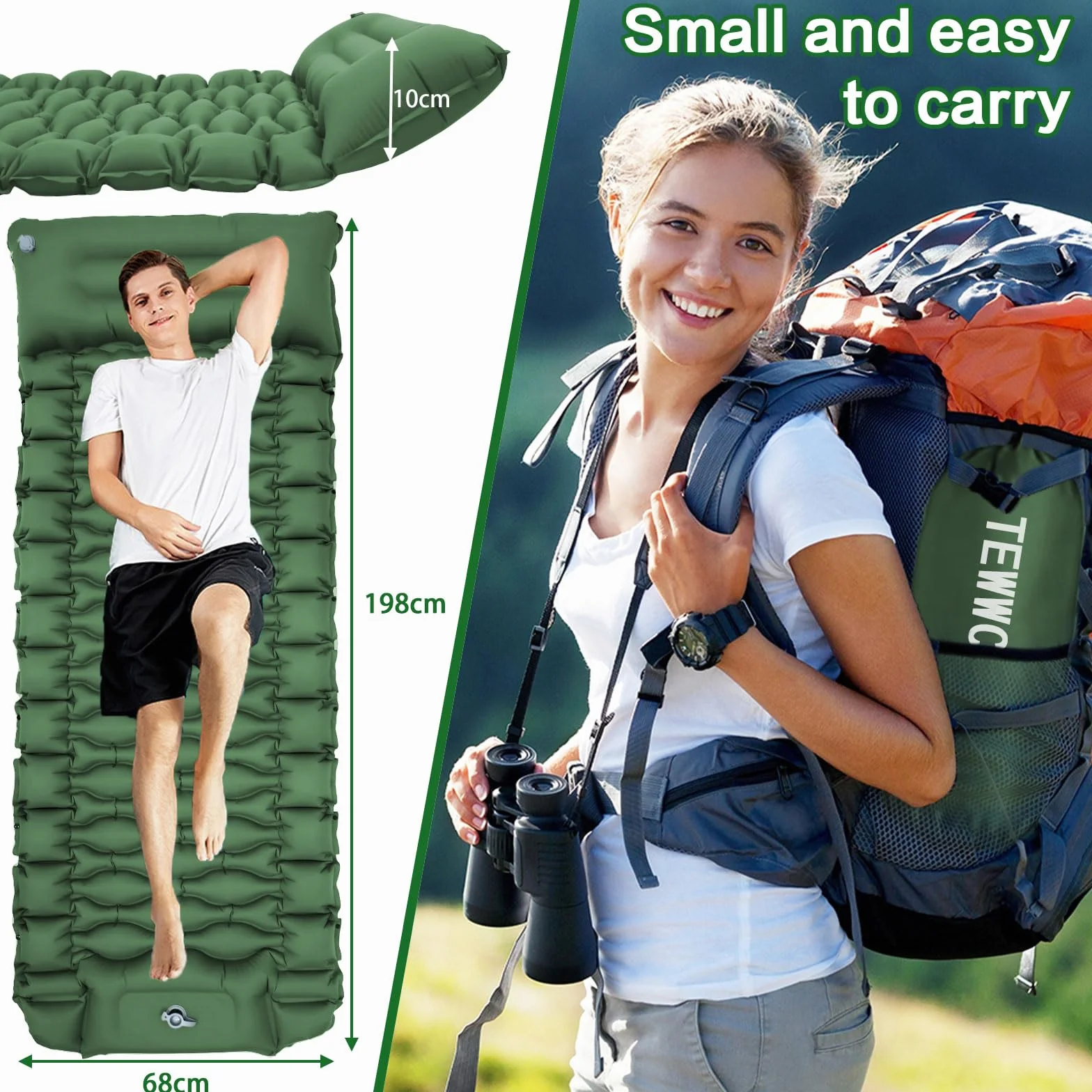 Colchón Hinchable Camping con Almohada y Bomba de Pie, Esterilla Hinchable para Dormir Senderismo, Verde