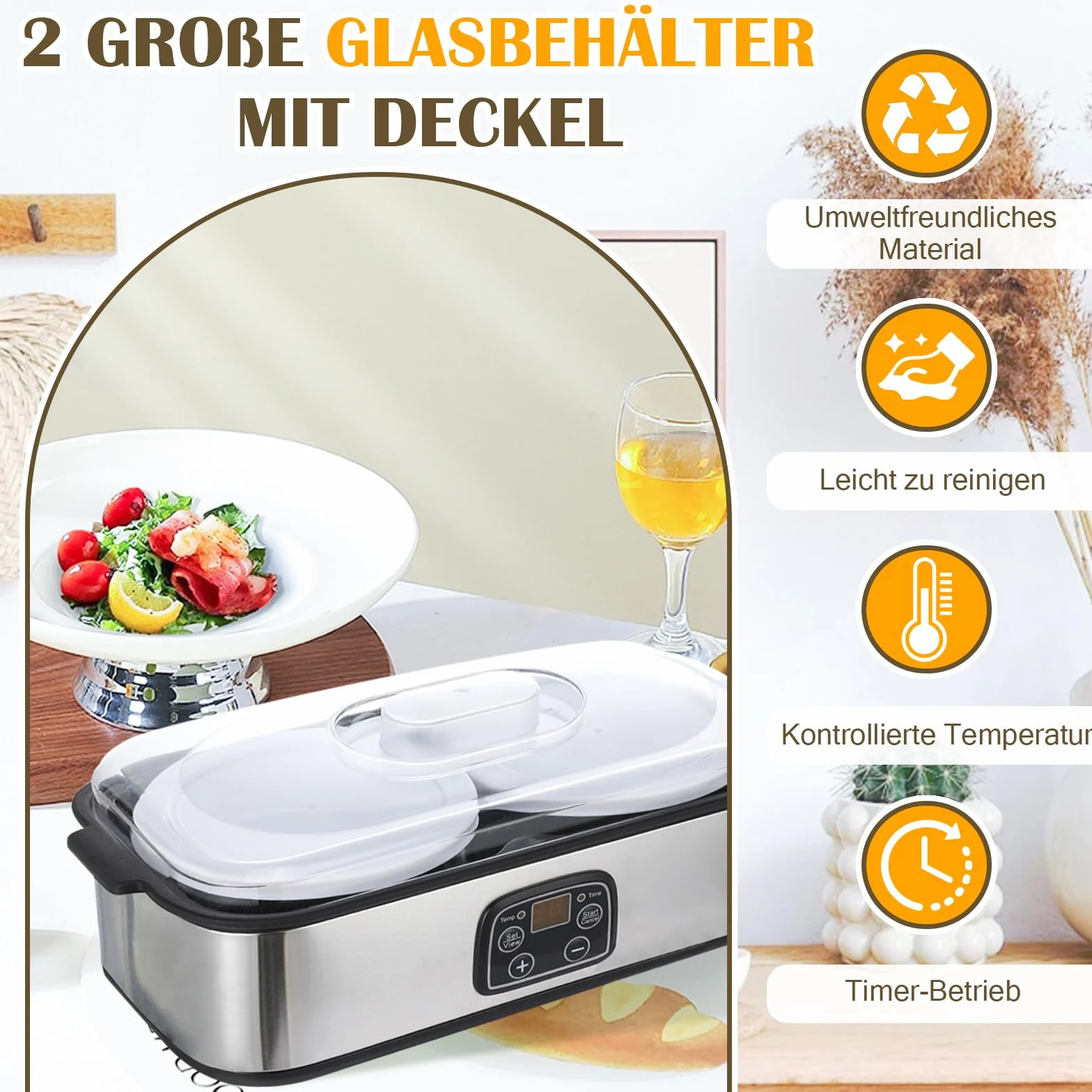Yogur, 2 litros, máquina automática de yogur digital con 2 vasos, yogur con temporizador y control de temperatura, yogur para yogur griego, queso, natto, vino de arroz, plata, 2 litros