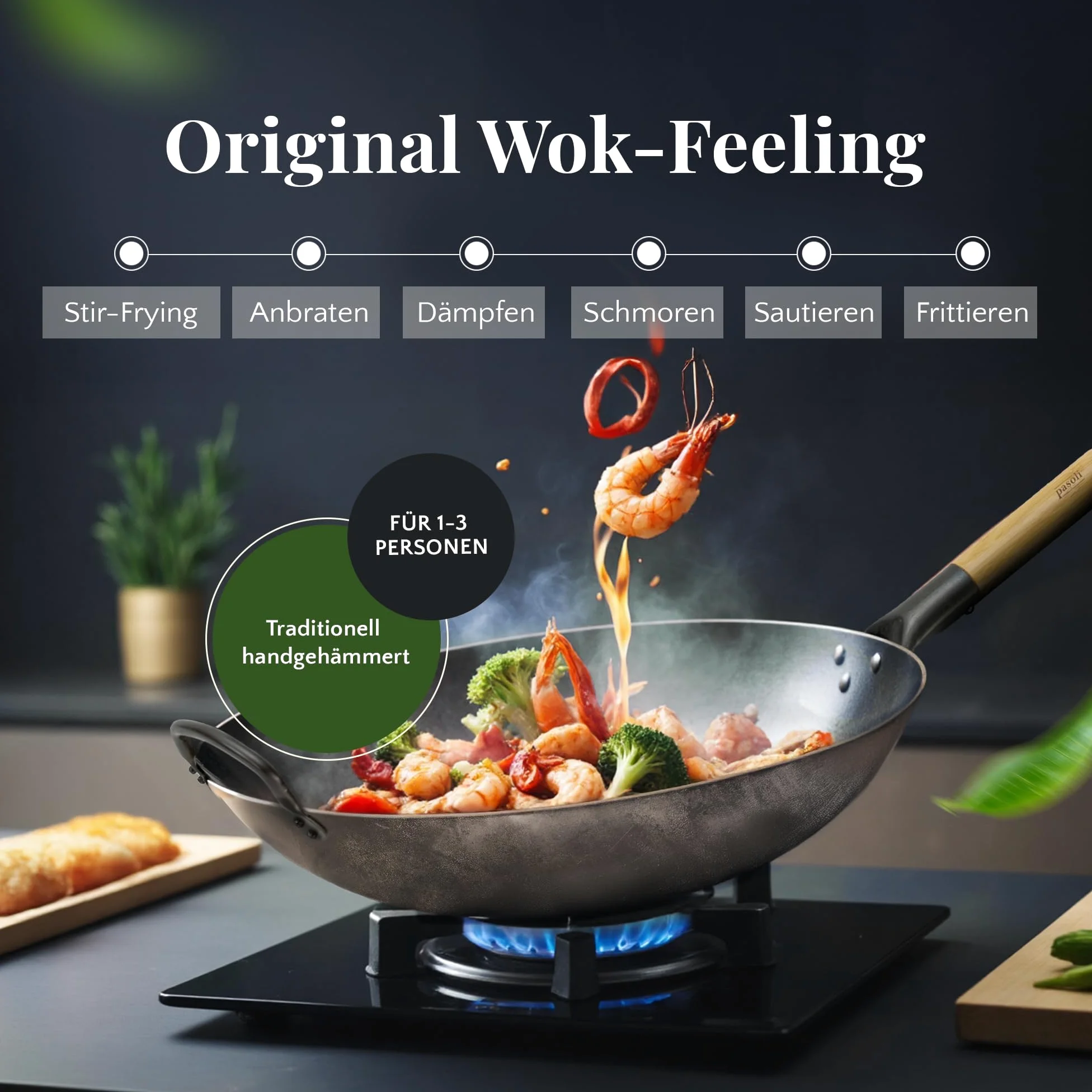pasoli Wok con Base Plana para la Cocina (también de inducción) | 30 cm de diámetro | Tradicional de Acero al Carbono Martillado a Mano, Mango de Madera | Capa Antiadherente Natural