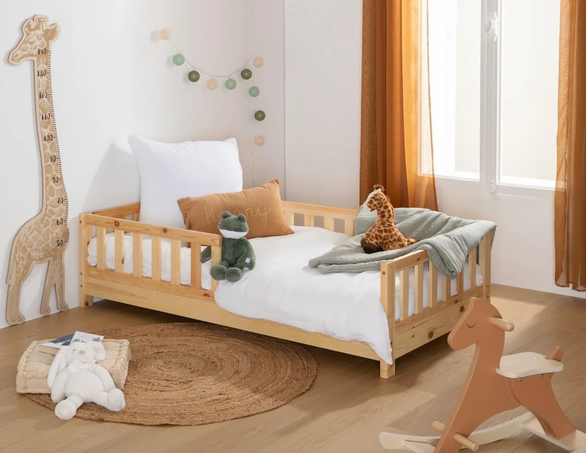 Montessori - Cama de barreras para niños, madera natural, 90 x 190 cm