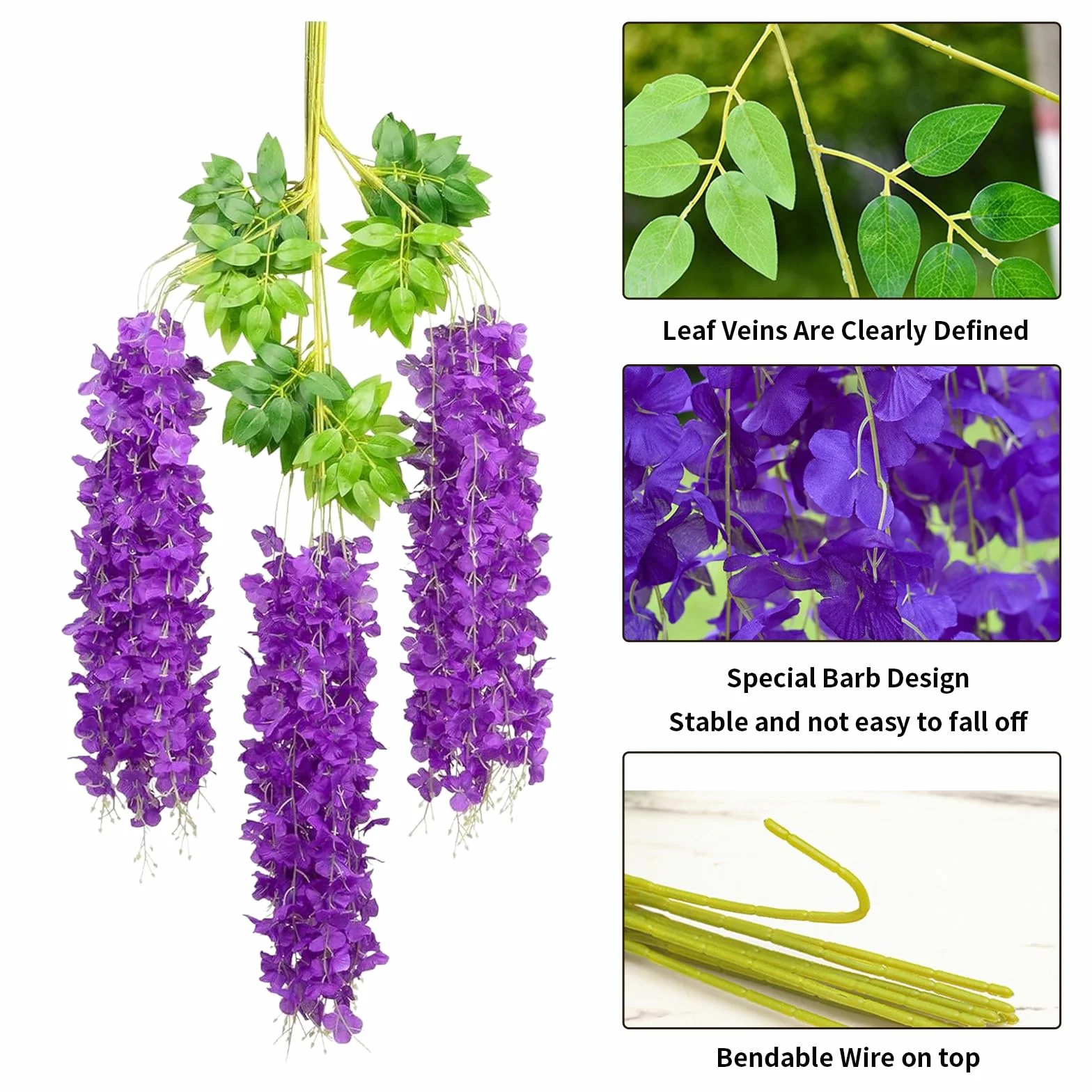 12 unidades de glicinas artificiales, 110 cm de largo, guirnalda de flores de seda colgante con triple tallo, para bodas, fiestas, barandillas y decoración del hogar interior/exterior (morado)