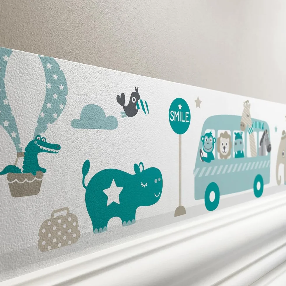 cenefa autoadhesiva, 450 x 11.5 cm, diseño excursión de los animales, color beige-menta-turquesa