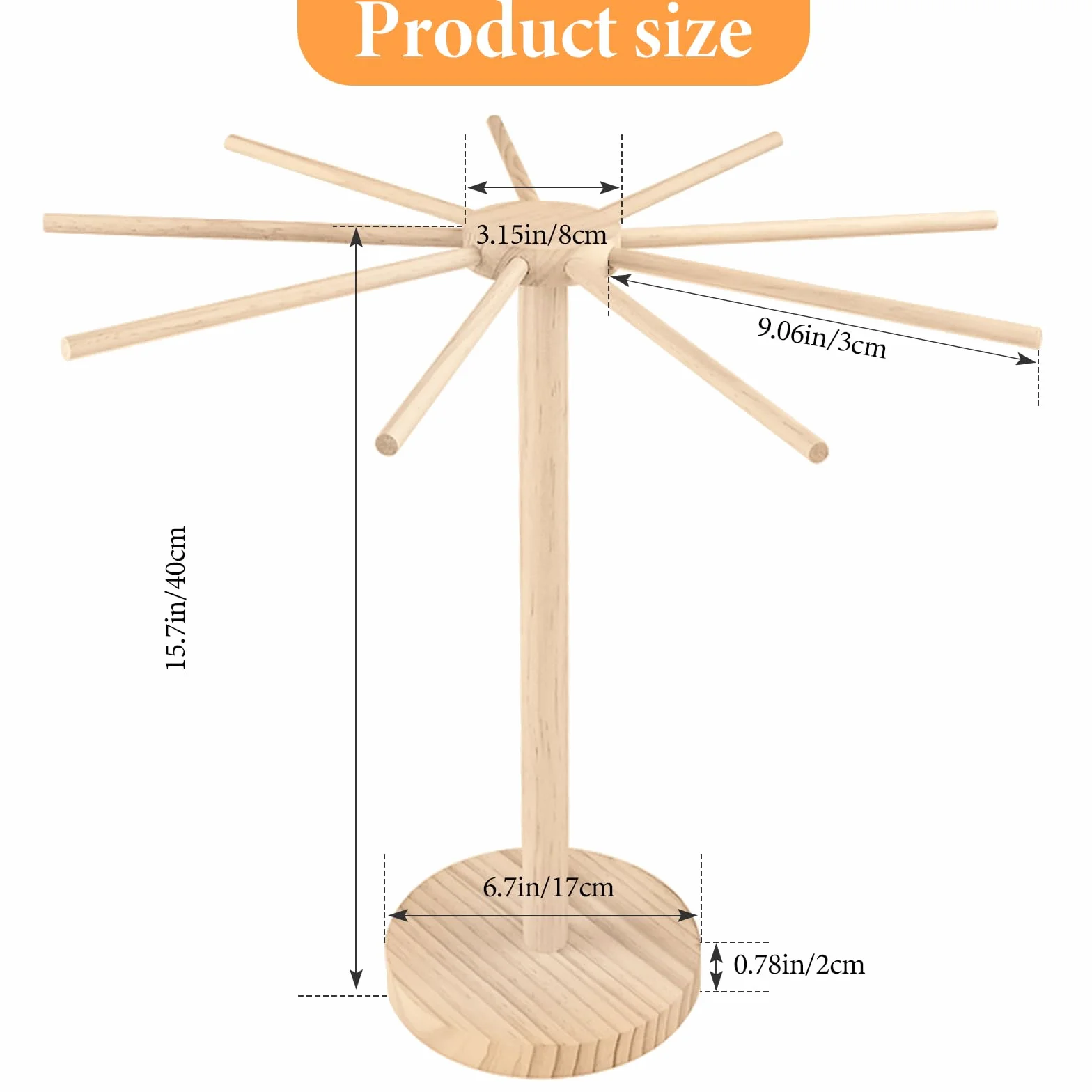 Estante de Secado de Pasta Plegable Plegable - Base de Madera con 9 Brazos Desmontables, Reutilizable, estirador de Pasta para Casa, Cocina