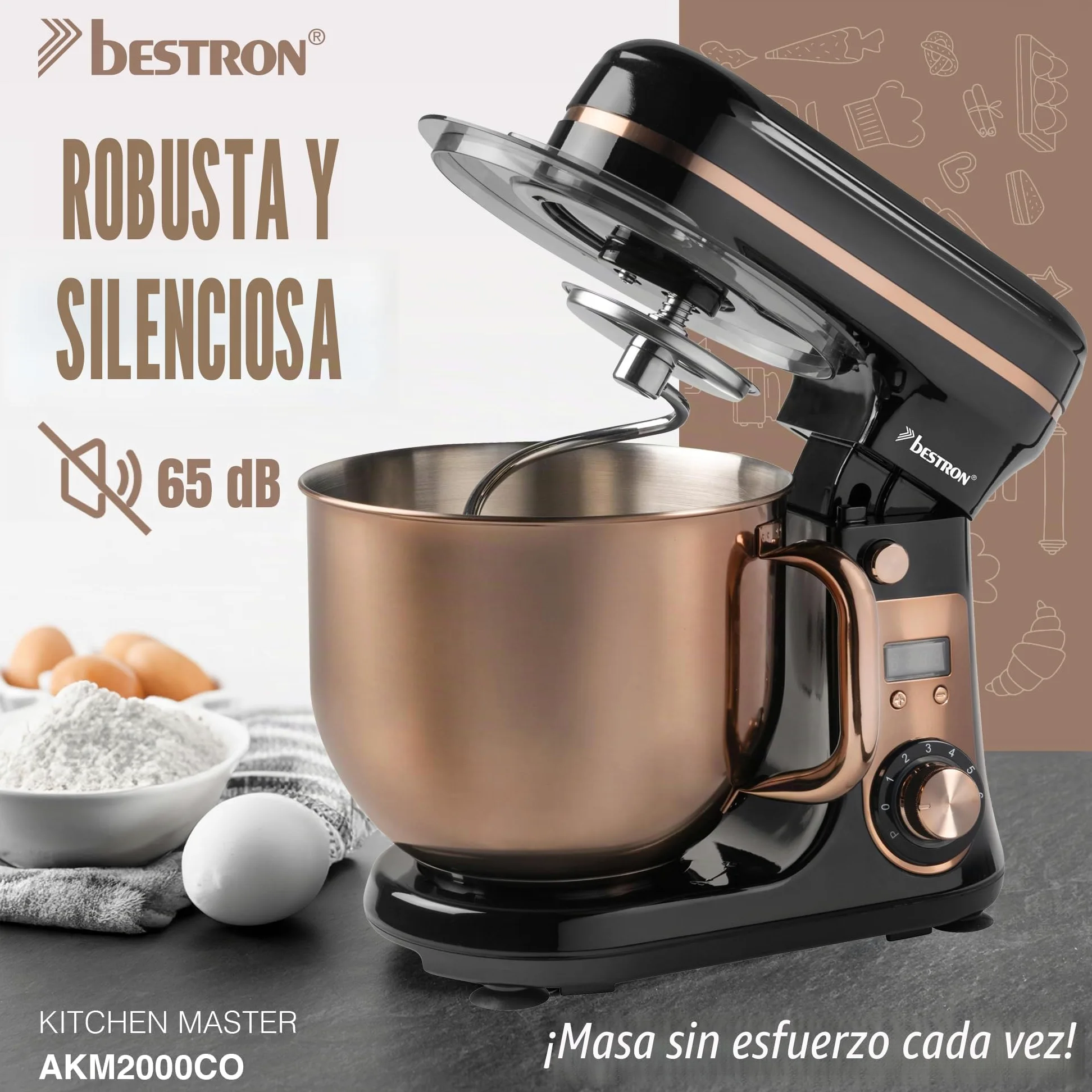 Bestron - Robot pastelero (65 dB), robot de cocina 4 en 1, cuenco de 6 litros, incluido gancho amasador, batidor y batidor plano, 6 velocidades + función Pulse, Cobre