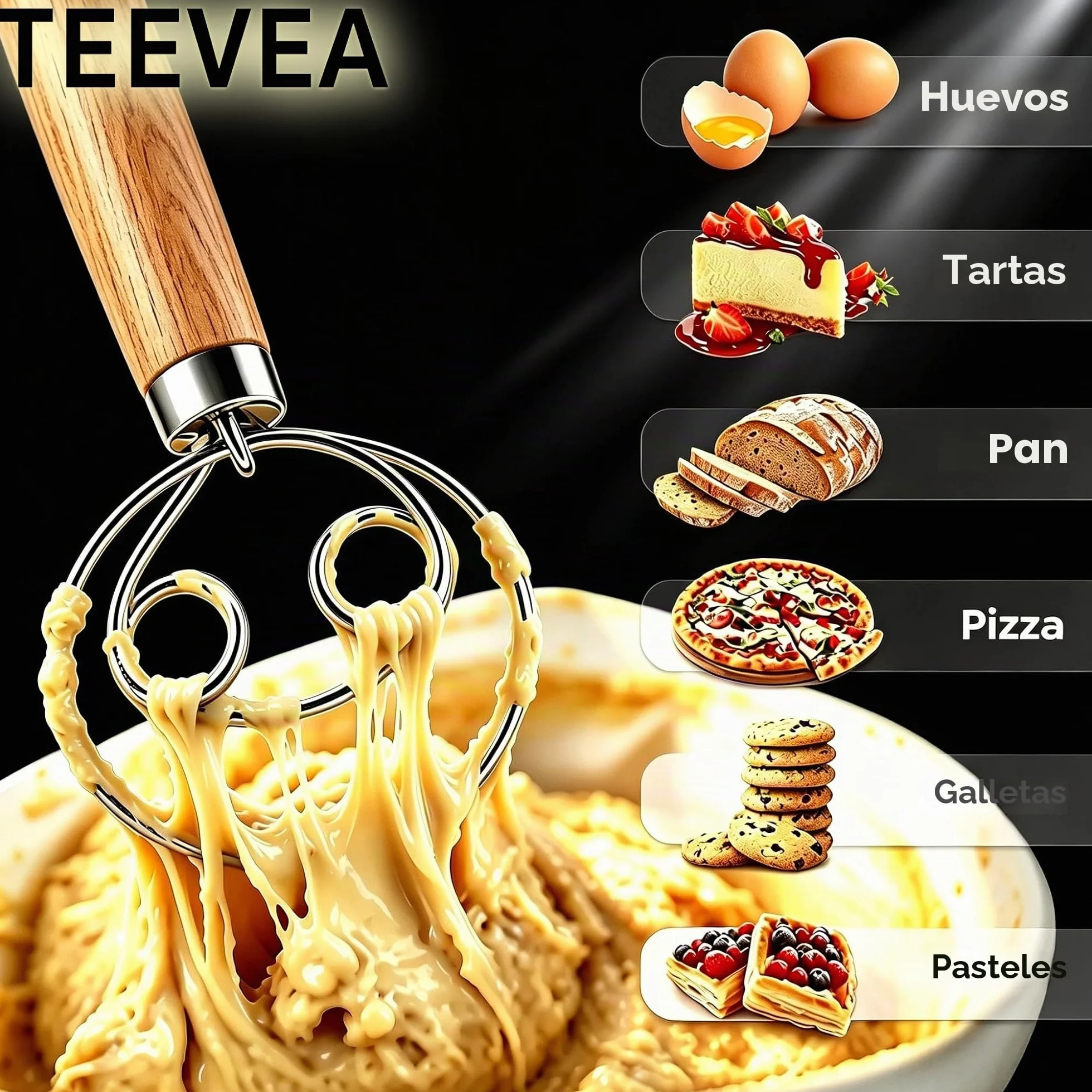 TEEVEA Batidor de masa danés de acero inoxidable estilo holandés para masa de pan con mango de madera, herramientas de cocina para hornear, herramientas y suministros para hacer pan