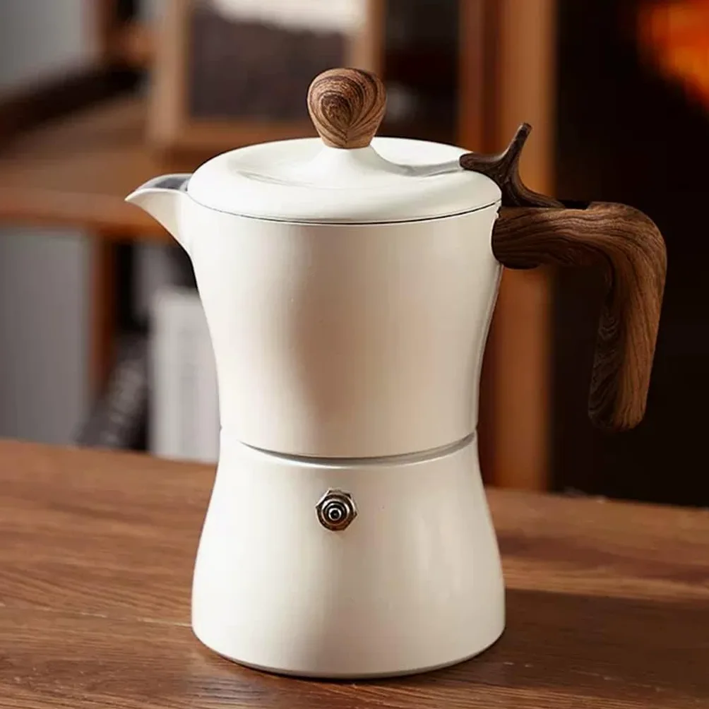 Estufa italiana para café expreso, cafetera de aluminio de 3 tazas, cafetera Moka con mango de madera (blanco)