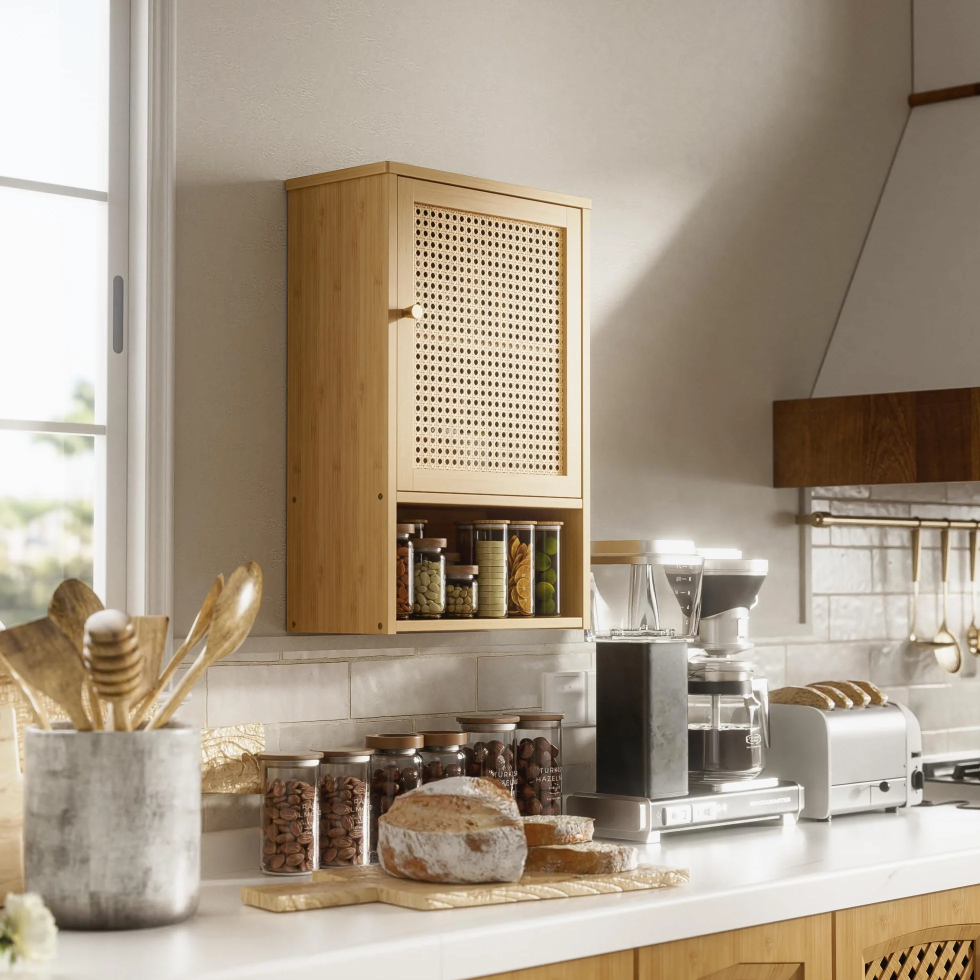 Armario de Pared para Baño, Organizador de Bambú para Almacenaje sobre el Inodoro con Puertas de Ratán y Estante Ajustable, Botiquín Ahorrador de Espacio para Lavandería, Cocina (Natural)