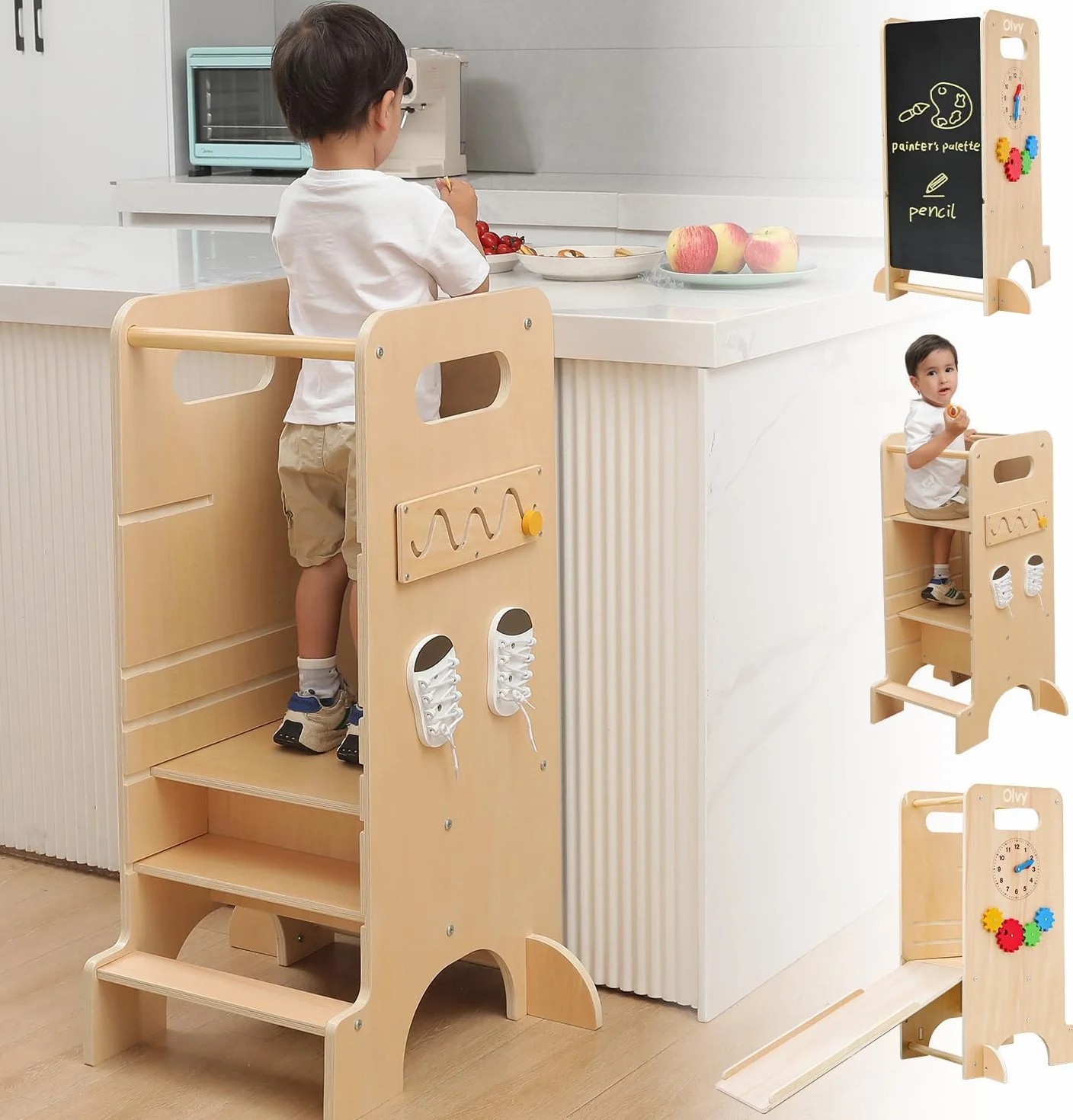Olvy Kids Torre de Aprendizaje Montessori 4 en 1 - Taburete Escalón de Madera Plegable para Cocina