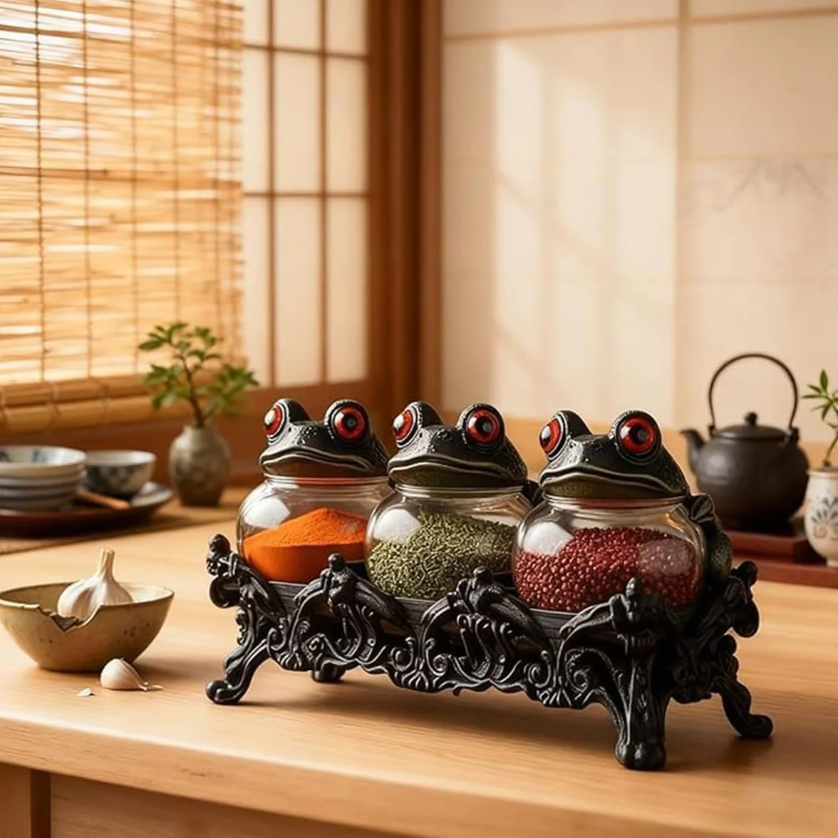 Tarros de especias de boticario con forma de rana Elegantes recipientes de cerámica con ranas, equipados con exquisitas tapas de rana. Recipientes para almacenar