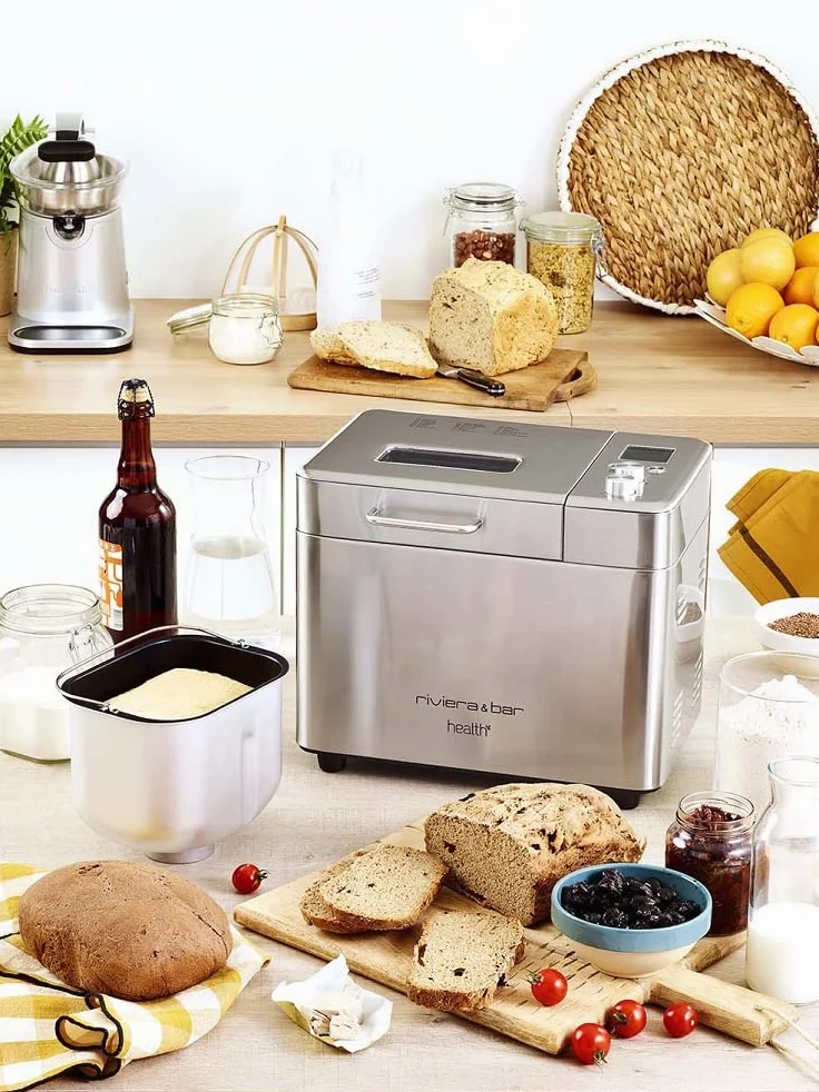 Riviera&bar – Máquina de pan de acero inoxidable 500 W con 18 programas, 3 tamaños (500 g, 750 g, 1 kg), mantenimiento caliente 60 min, salida diferida 15 h, accesorios, panes, pasteles, mermeladas