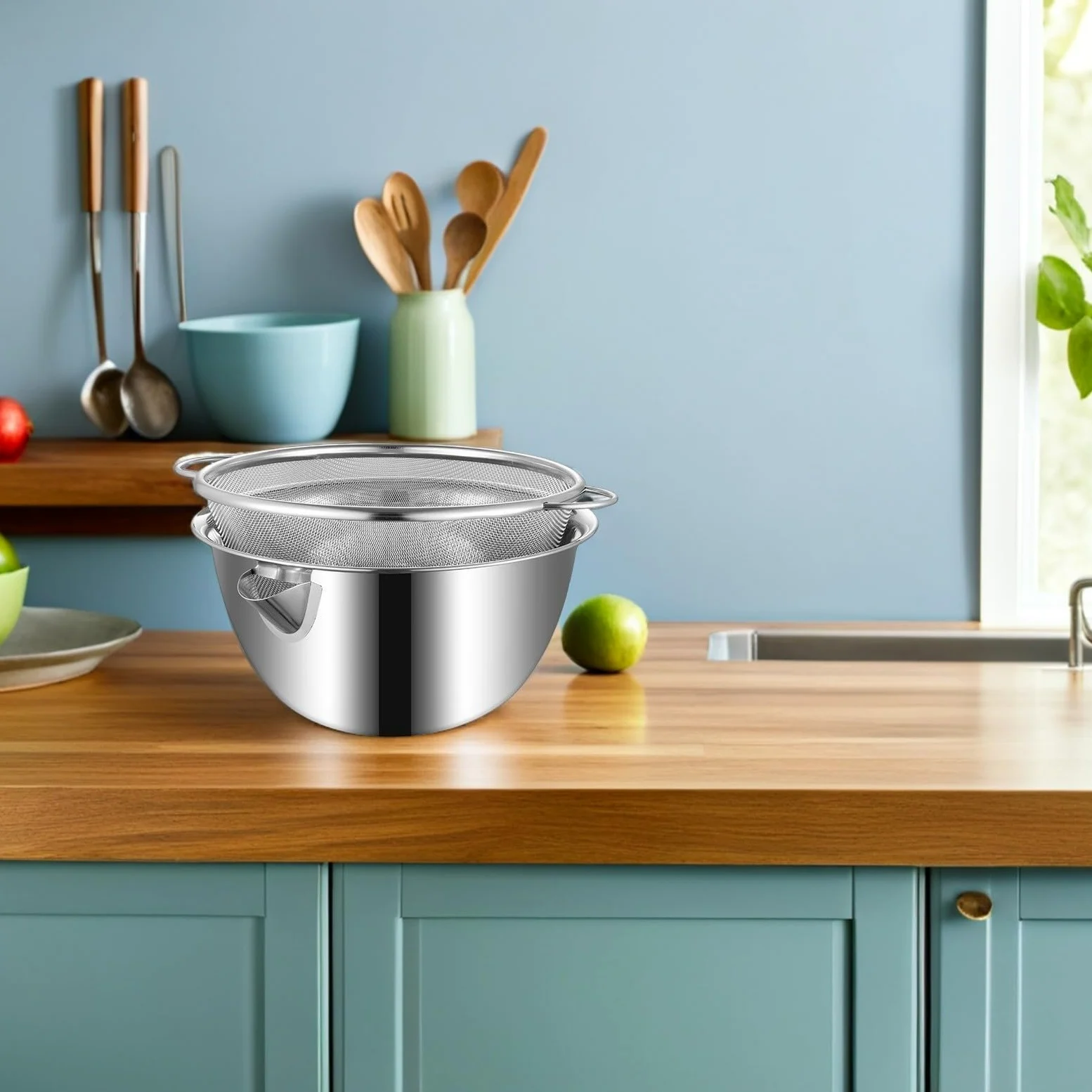 Colador de Acero Inoxidable con Función Integrada de Drenaje, Tazón Grande para Mezclar y Lavar Arroz, Adecuado para Cocina y Repostería, 1 Set Plata