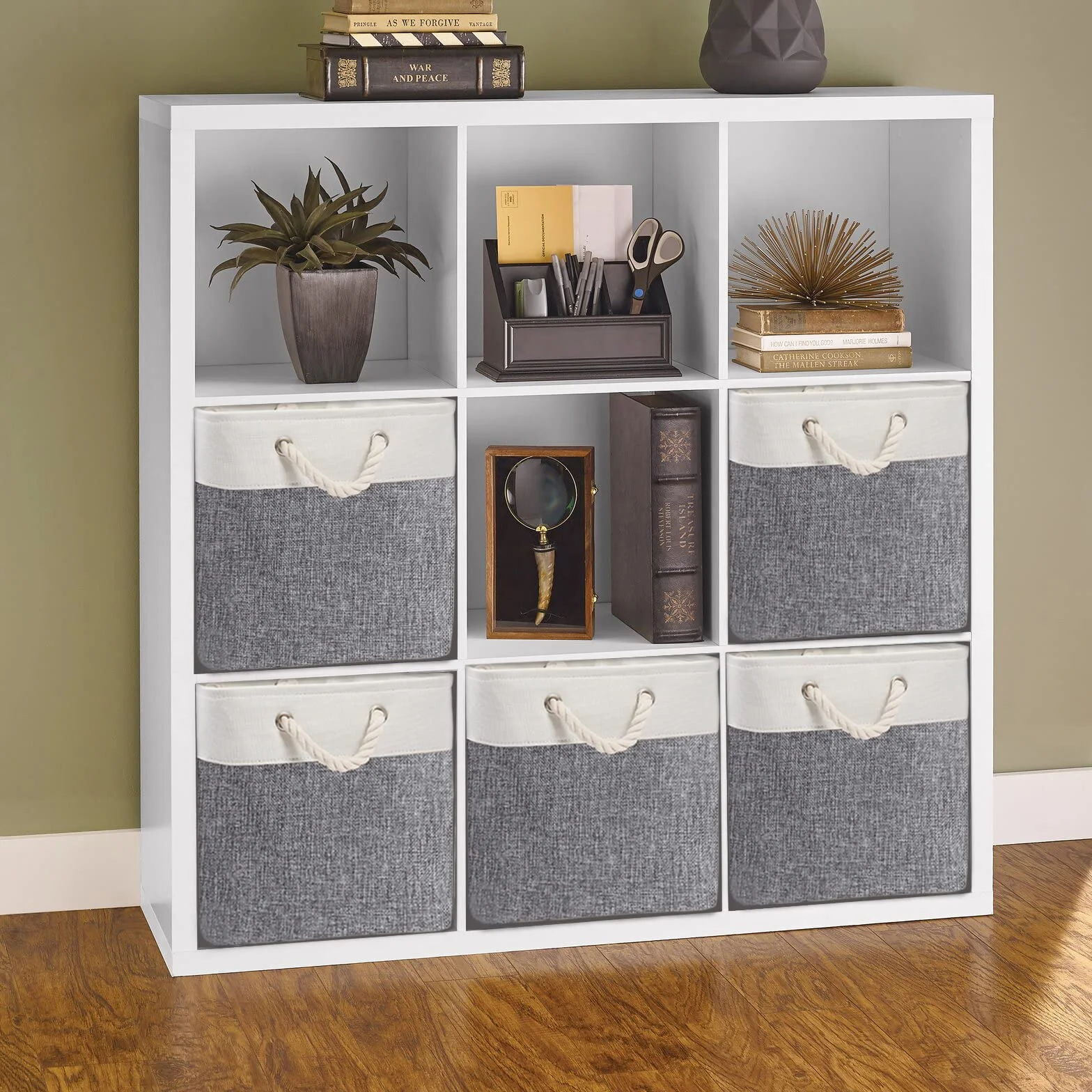Mangata Cajas Almacenaje 33x38x33 cm Lona Engrosada Plegable con Asas de Cuerda 4 Pack Gris/Blanco