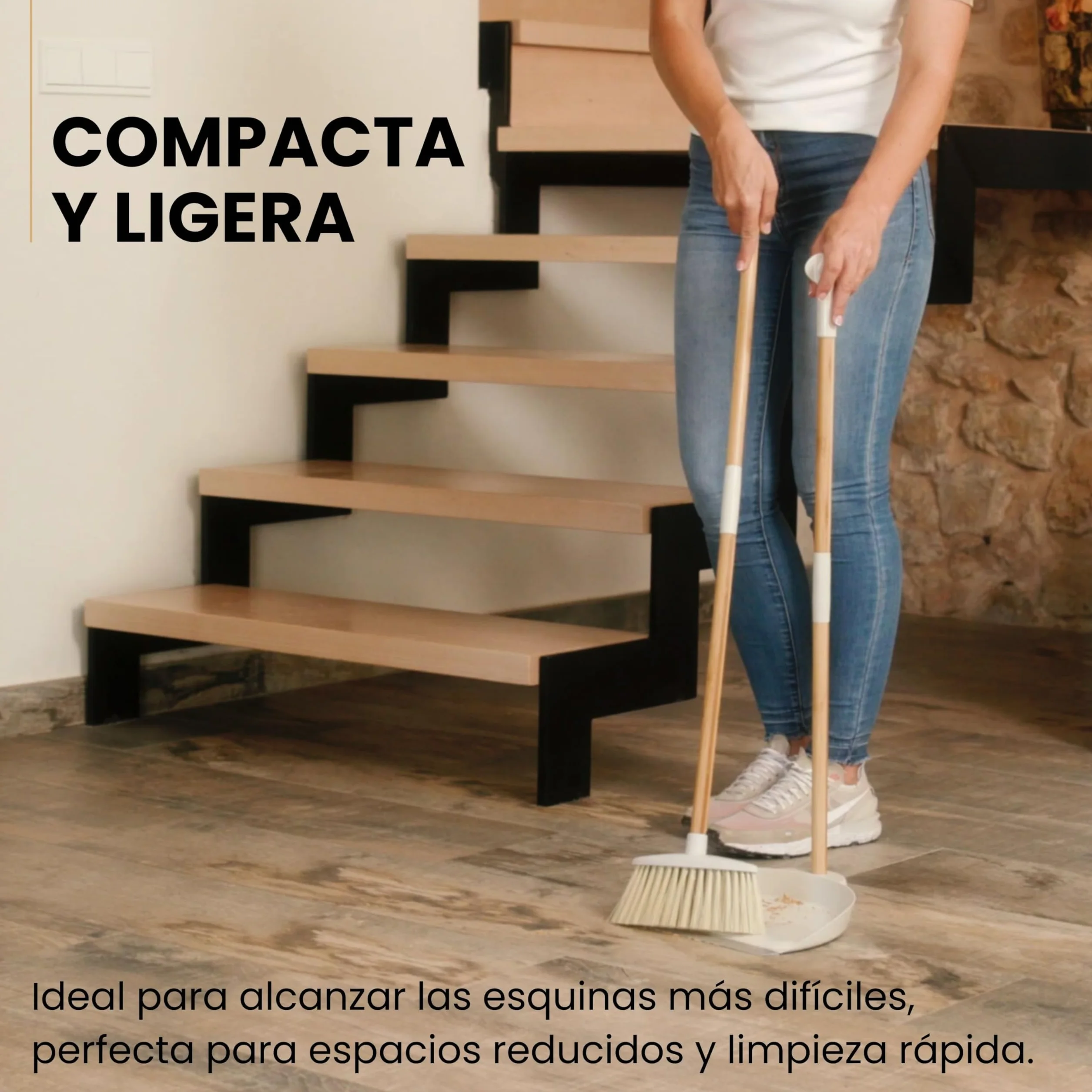 Vigar Zeroline Escoba y Recogedor Mini Desmontable Sistema Clic, Mango Bambú Natural con Regleta Goma, Cepillo Barrer Broom and Dustpan Set Compacto para Limpieza Hogar Cocina Interior, Gris