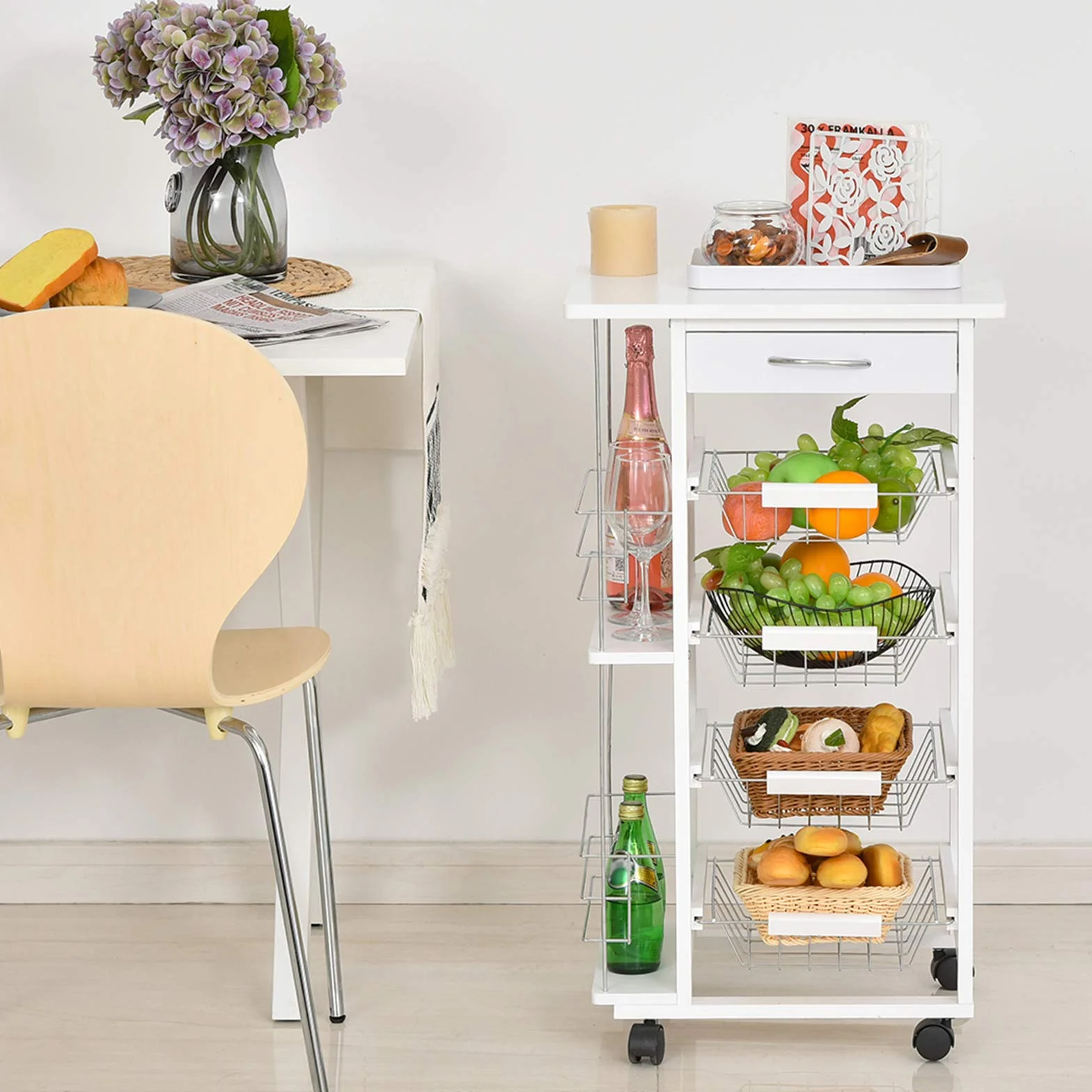 HOMCOM Carrito de Cocina con Ruedas Carro Multiusos con Cajón 4 Cestas Extraíbles de Metal y Bastidores Laterales 47x37x83 cm Blanco