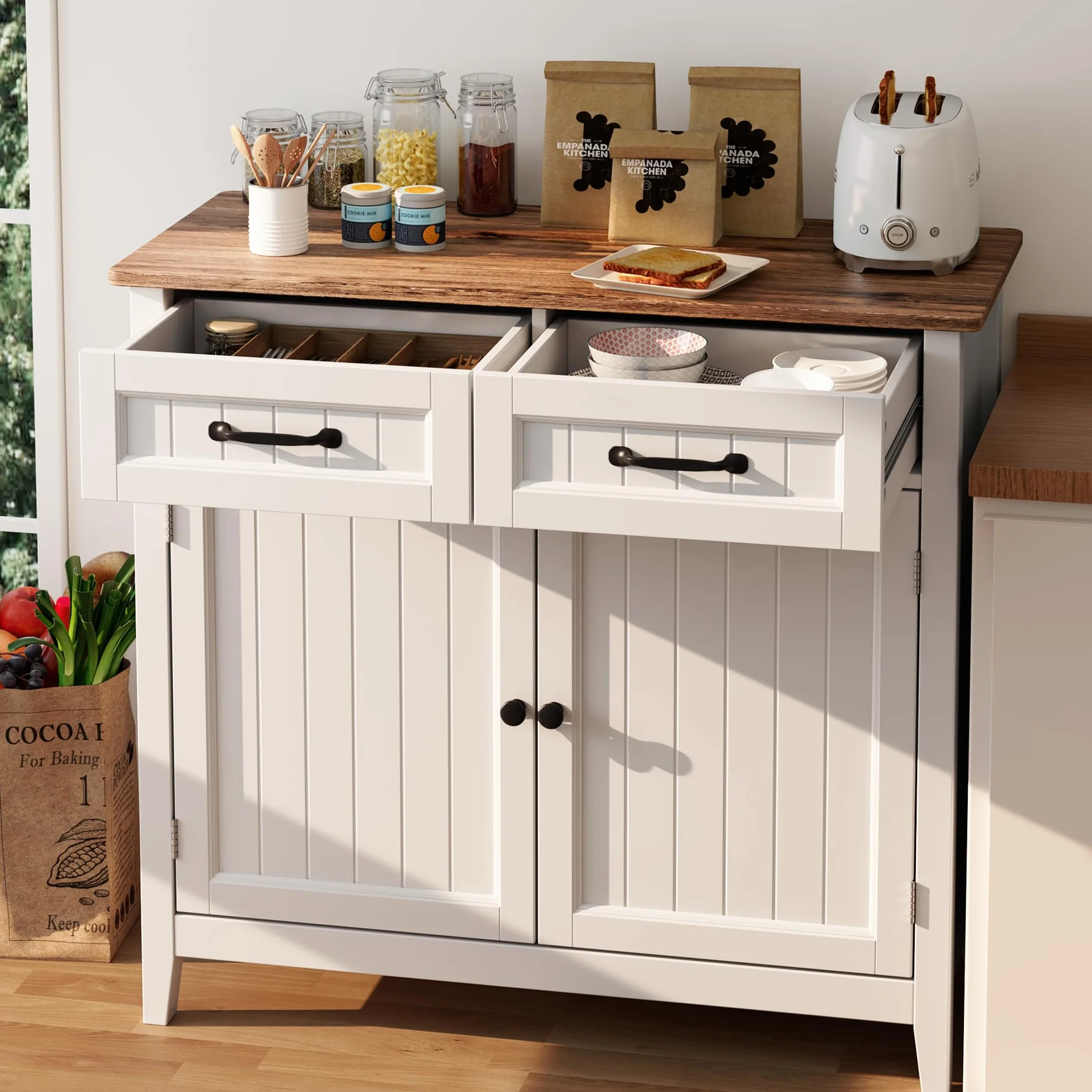 Aparador de Cocina, Aparador Auxiliar con 2 Cajones y 2 Puertas para Cocina, Comedor y Sala, 90×40×82 cm (Retro)
