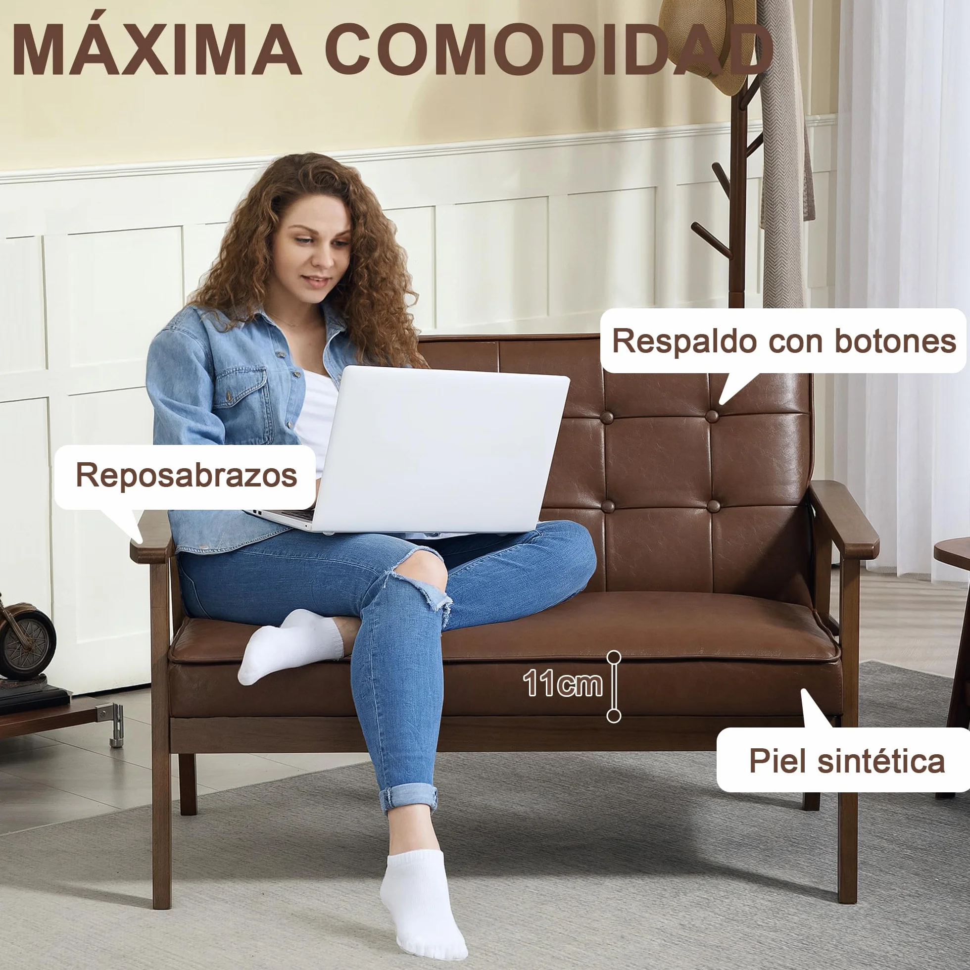 HOMCOM Sillón de 2 Plazas Sofá de 2 Plazas Tapizado en PU con Reposabrazos de Madera Respaldo Acolchado Carga 250 kg Sillón para Salón Dormitorio Marrón