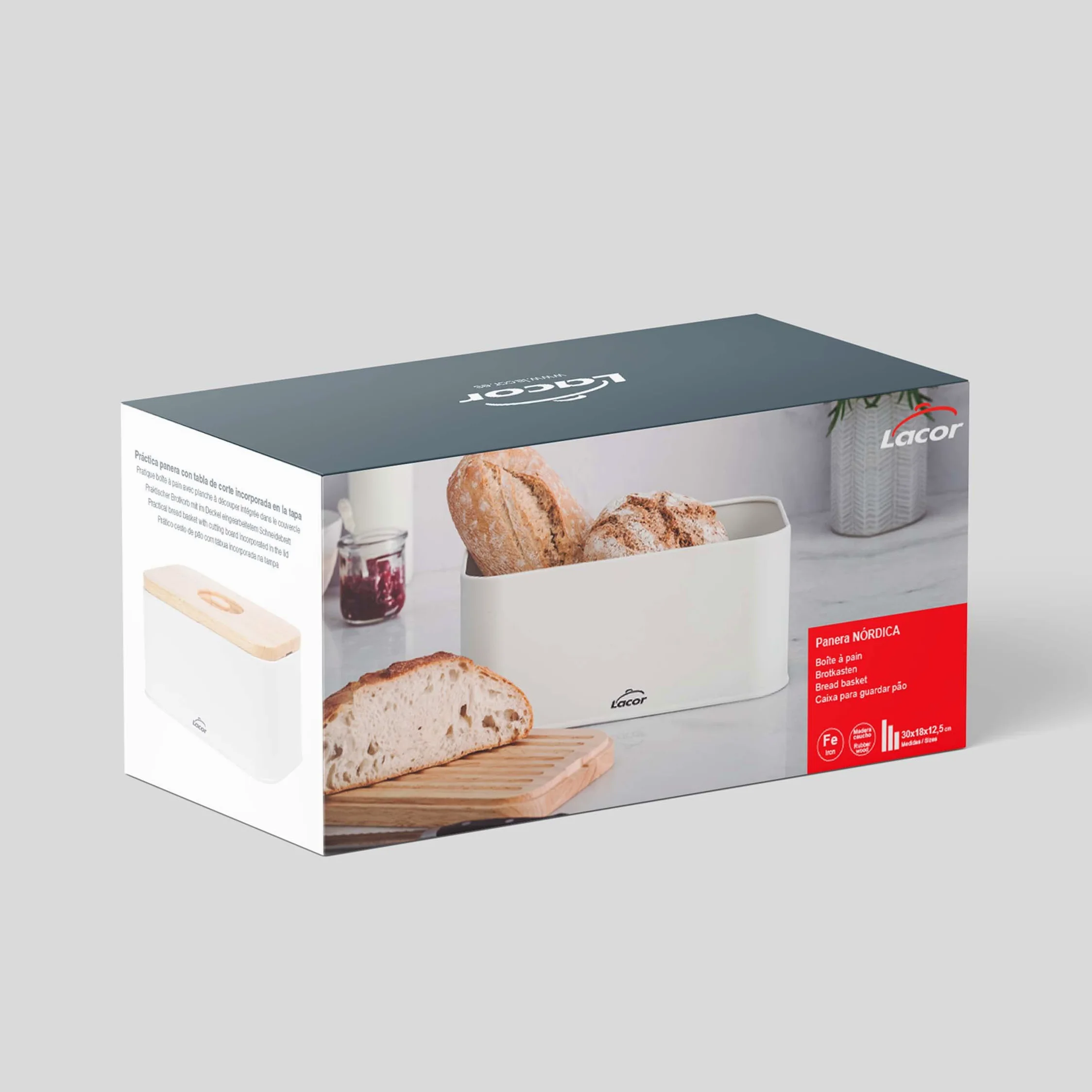 LACOR 62869 - Panera estilo Nórdico de Acero de Carbono, Tapa de madera | En madera natural, para un uso práctico y profesional en cocina; ideal para cocina profesional y uso diario en casa