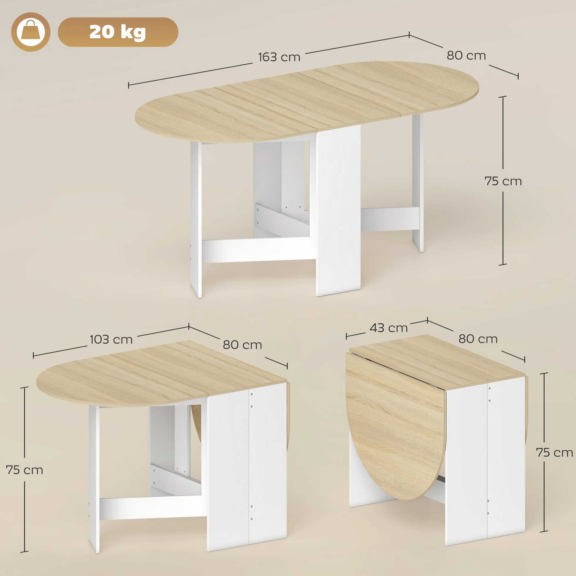 HOMCOM Mesa Plegable de Comedor, Mesa de Cocina Plegable Ovalada, 163x80x75 cm con Alas Abatibles, hasta 6 Personas, para Comedor, Salón, Espacio Pequeño, Natural