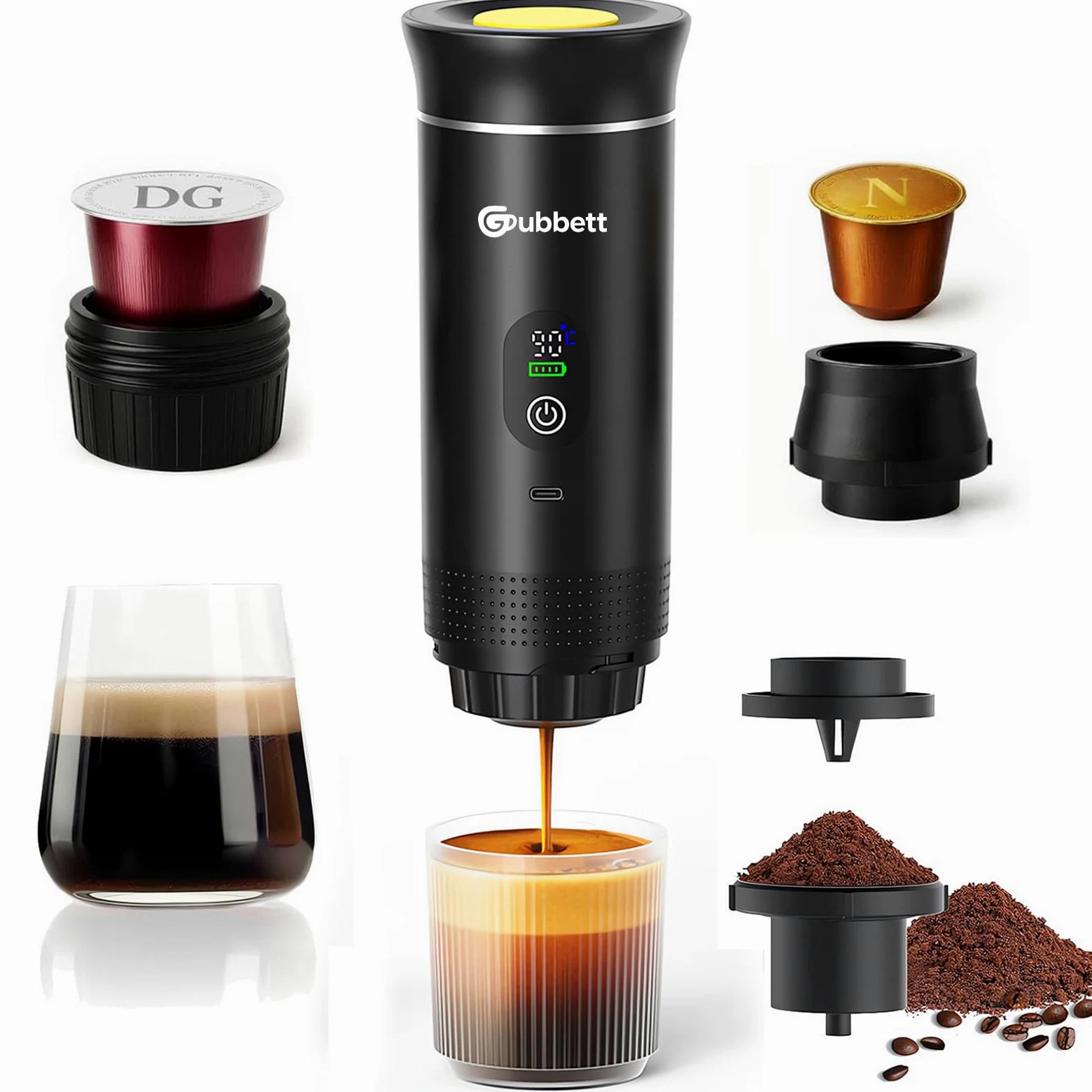 Máquina de café portátil, adecuada para casa, viajes, camping, coche | Compatible con NS/DG Cápsulas Espresso y Polvo de Café, 20Bar, Auto-Calfado de 4 a 6 Minutos, Recargable