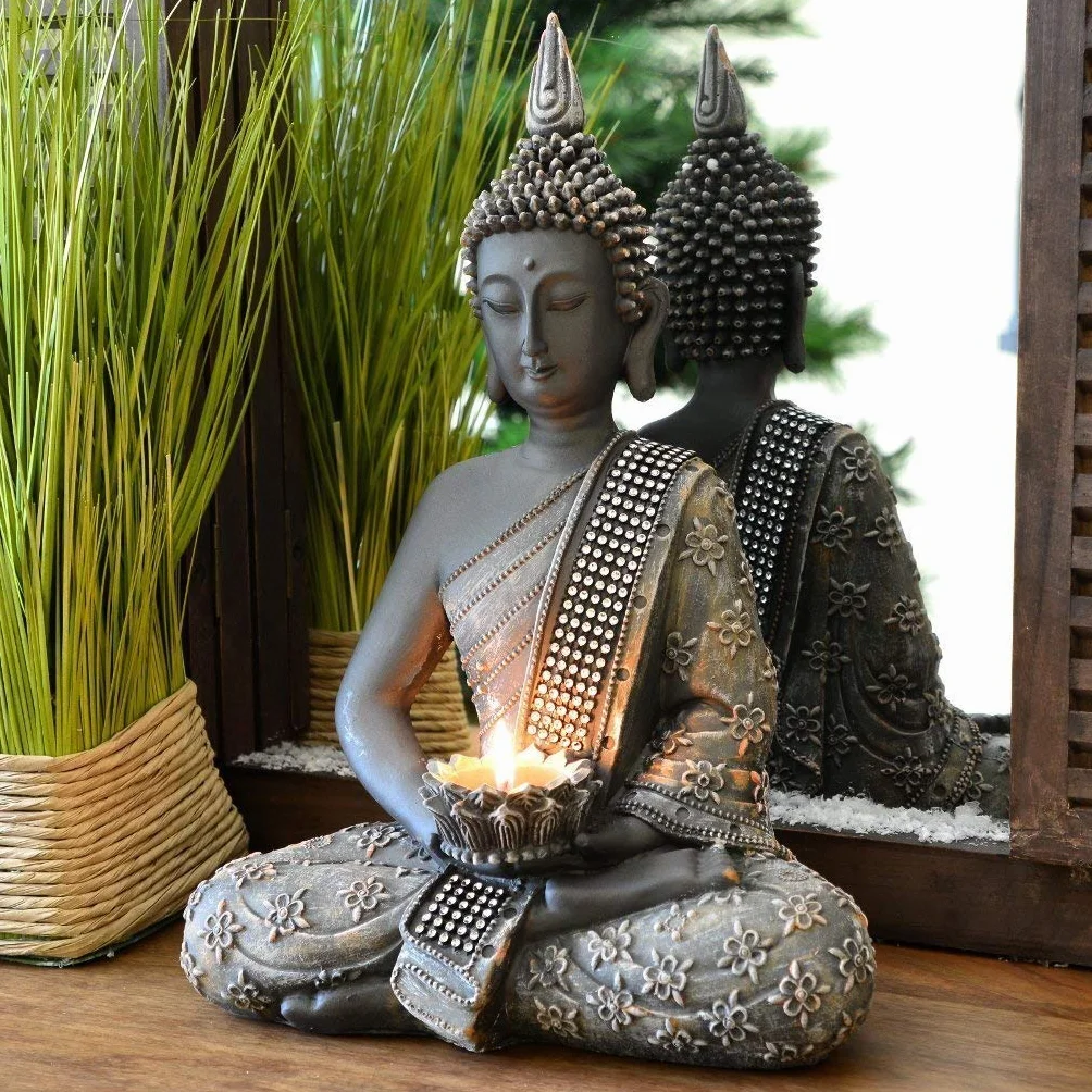 Figura decorativa Buda chino 31 cm con candelabro decoración zen Feng Shui interior