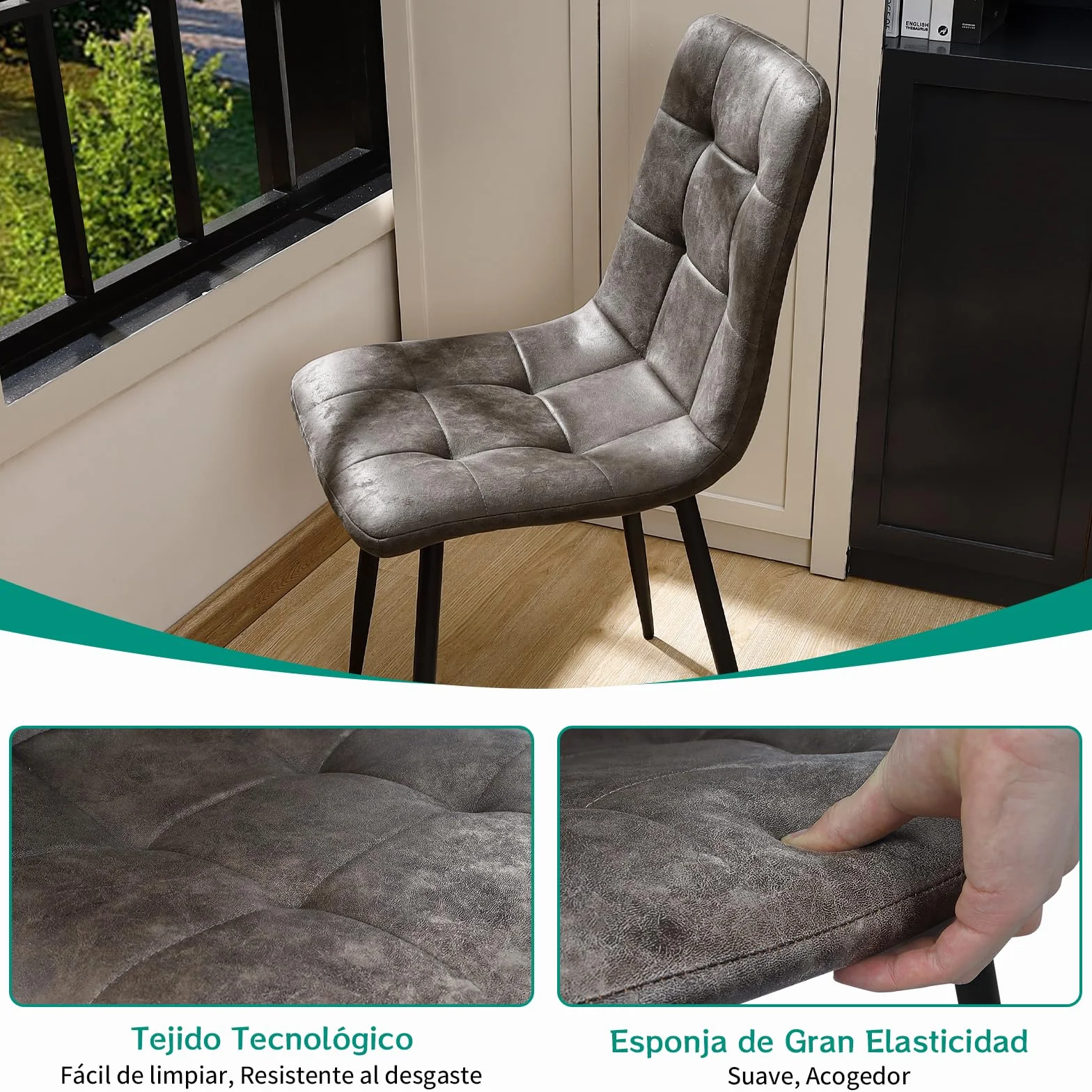 JIJIAN Pack de 6 Sillas de Comedor, Sillas de Cocina en Tejido Tecnológico, Sillas Tapizadas para Sala de Estar con Patas de Metal Negro, Adecuadas para Comedor, Sala de Espera, Marrón