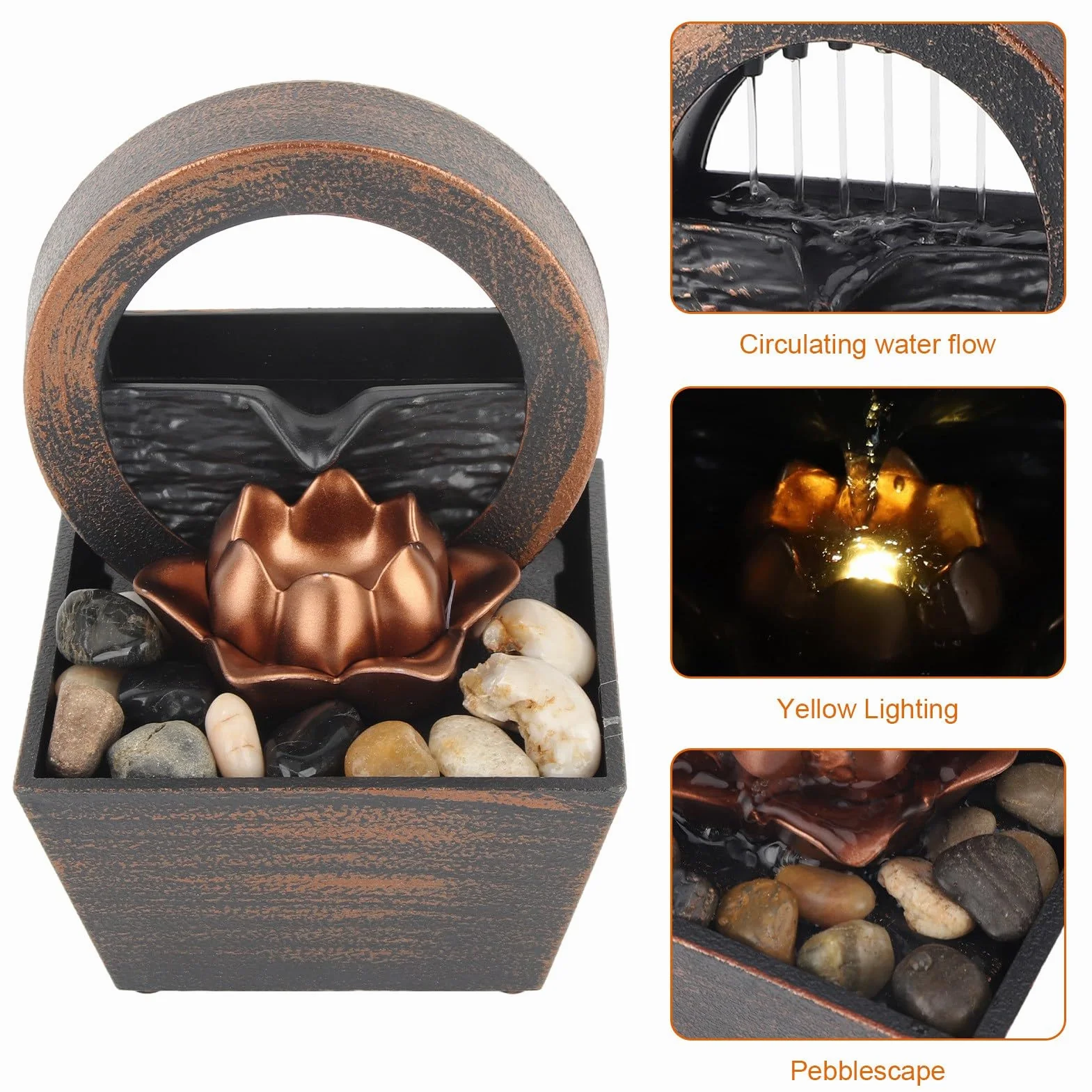 Fuente de escritorio Fuente de escritorio Fuente de cascada interior Cascada Decoración con flores de loto para la decoración del hogar con luz LED y cable USB