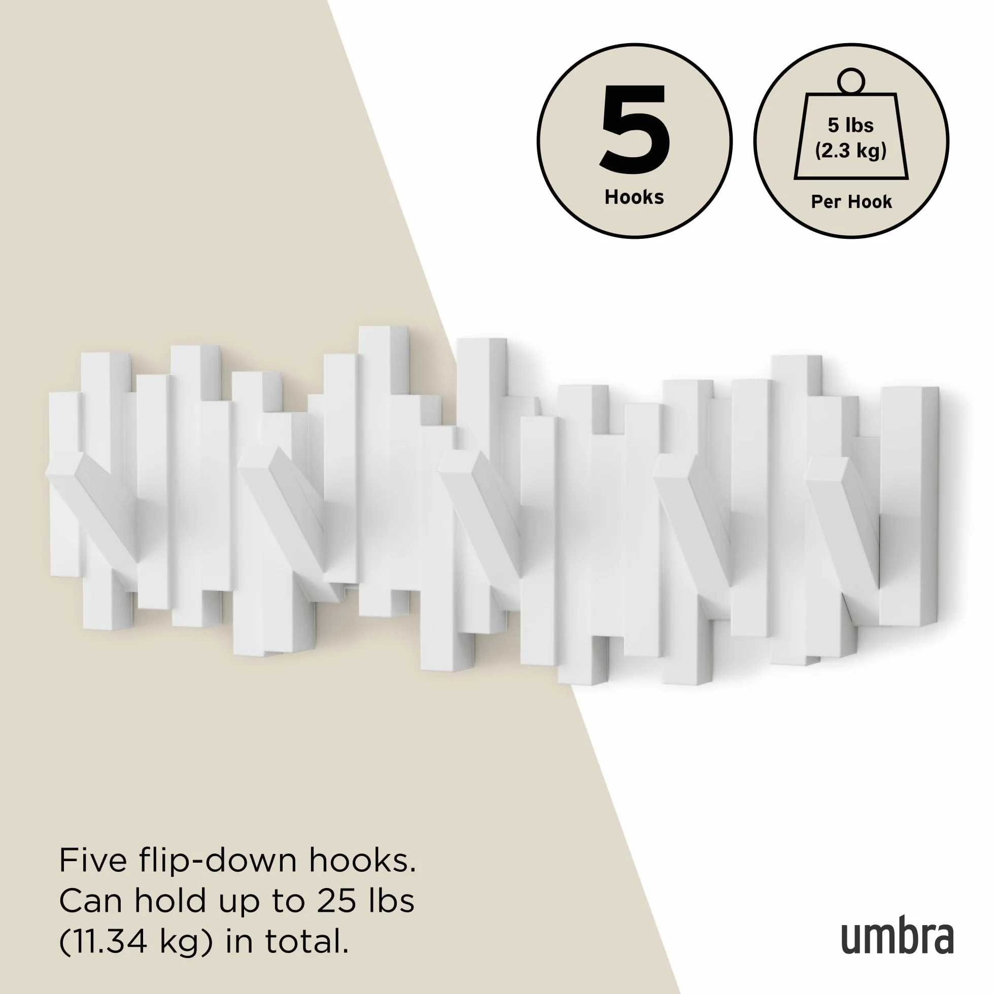 Umbra Sticks perchero de pared con gancho de riel y 5 clavijas retráctiles – Organizador de almacenamiento moderno que ahorra espacio, blanco