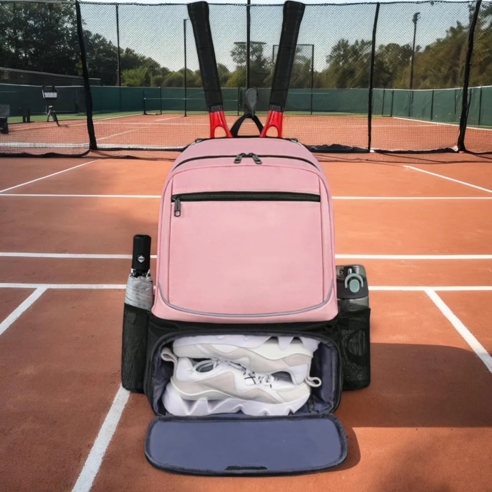 Bolsa de tenis con gancho para valla, compartimento separado para zapatos, bolsillo de malla para pelotas