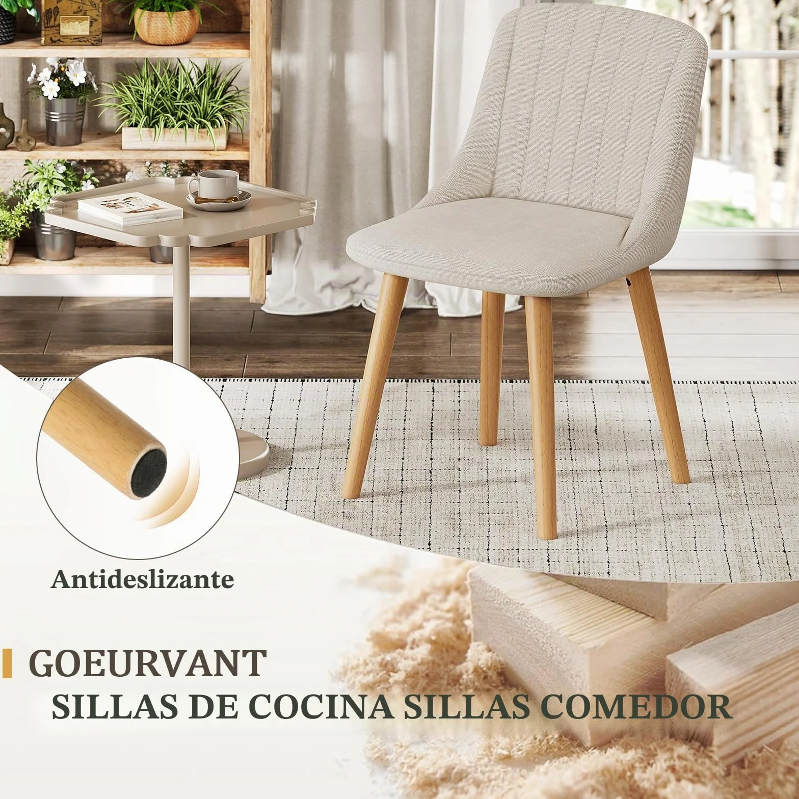 Silla Comedor Set 6 Cómodas Sillas Comedor Pata Madera Diseño Silla Tapizada Lino Beige