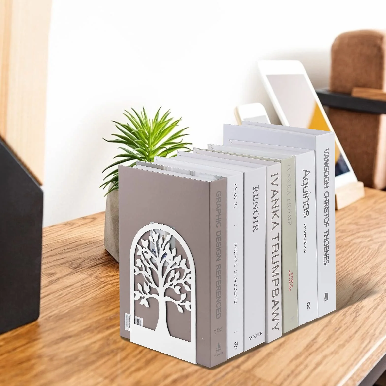 MSDADA 3 Pares de Sujetalibros de Metal para Niños, Diseño de árbol de la Suerte, Antideslizante Estantería para Oficina y Escuela Decoración Día del Niño Regalo (Blanco)