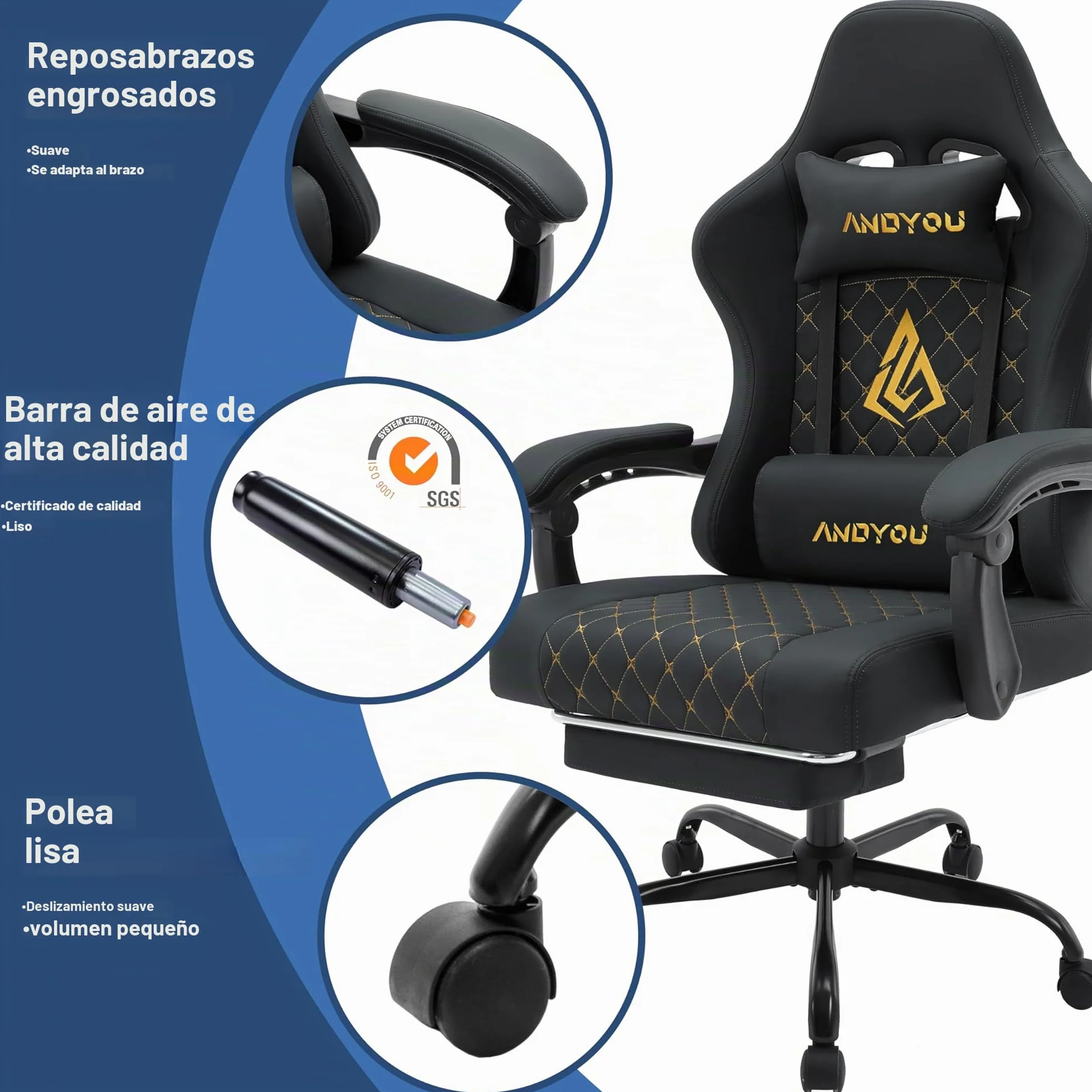 Andyou Silla Gaming Ergonómica Profesional con Soporte Lumbar - Silla Gamer para Adulto, Giratoria y Reclinable con Reposapiés Ajustable y Tela Transpirable, Soporte 150 kg para Oficina y PC