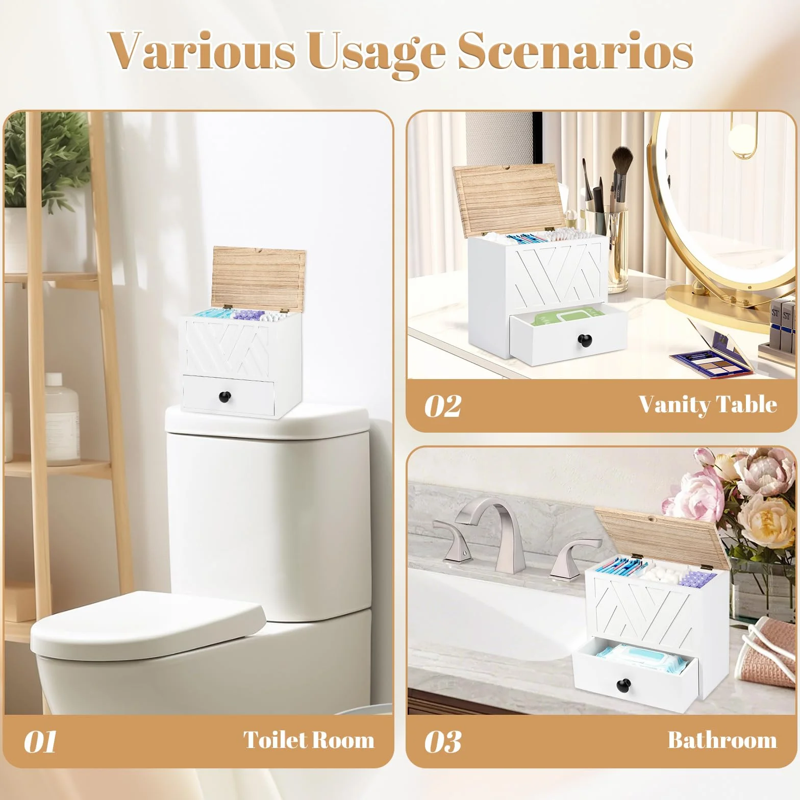 3 Compartimentos Caja Organizadora Compresas, Guarda Compresas y Tampones con Tapa Diseño Cajones para Salvaslips de Madera, para Artículos de Higiene Íntima para Niñas, Mujeres y Señoritas (Blanco)