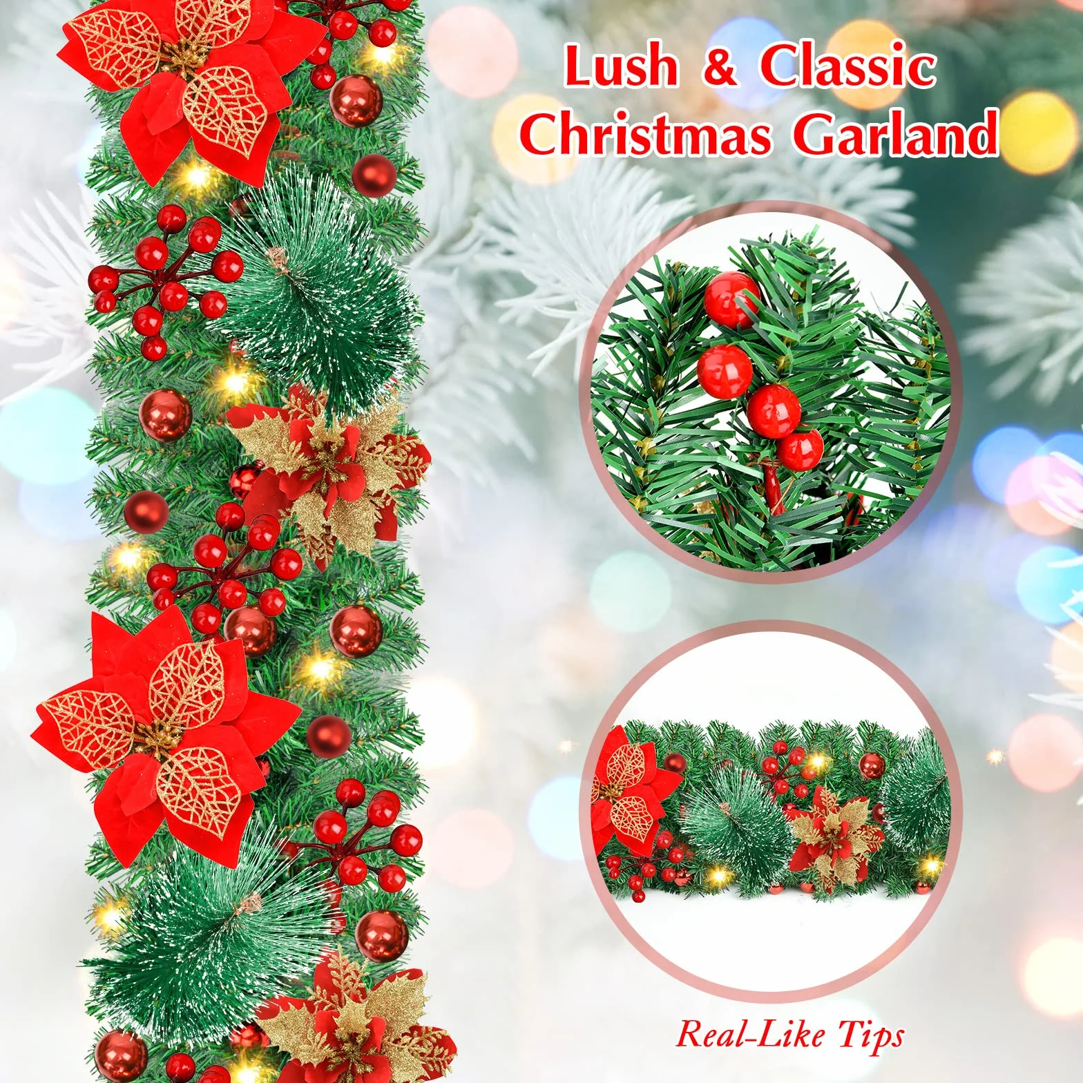 Guirnalda de Navidad, 2,7 Metros Guirnaldas navideñas con Luces LED, Corona de Frutos Rojos para Escaleras Chimeneas Puertas, Guirnaldas navideñas Artificiales Decoración Interior Exterior
