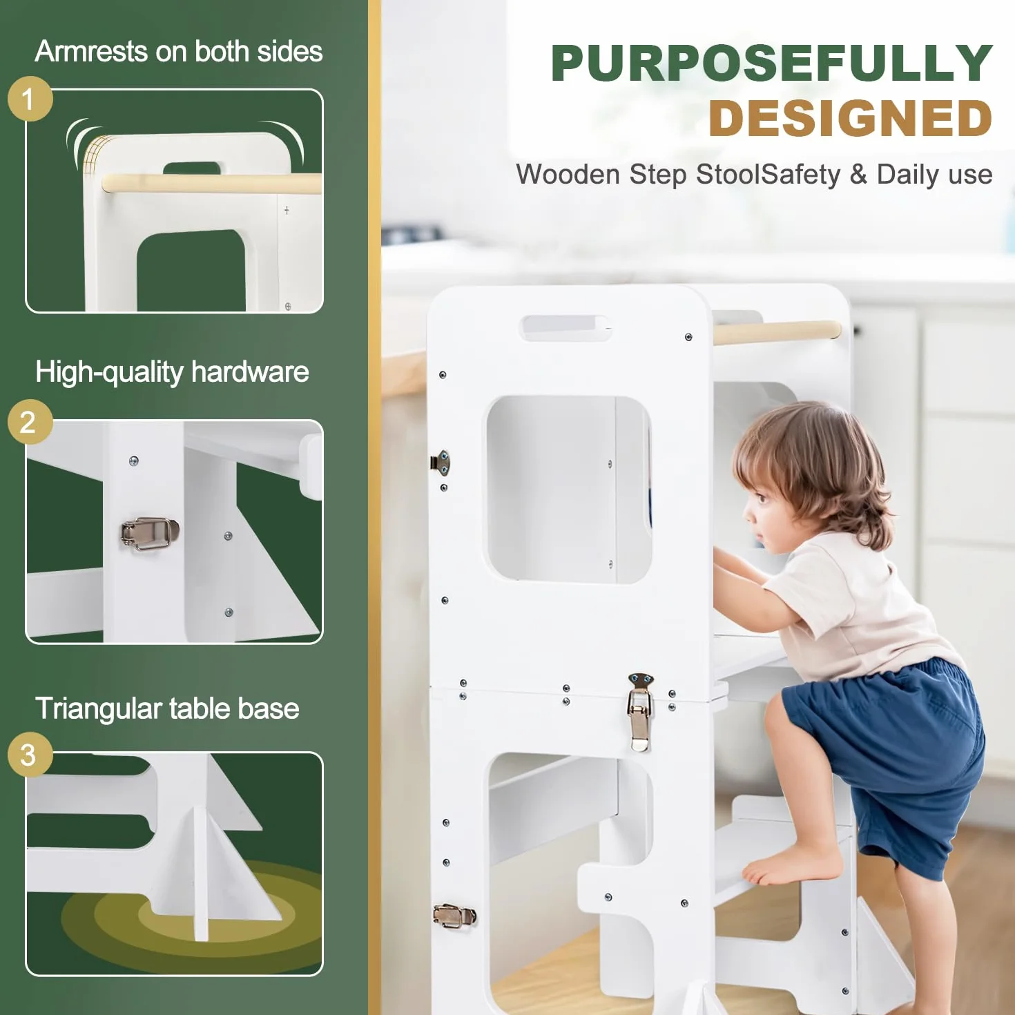 Labebe Torre de Aprendizaje Montessori 3 en 1 Plegable Madera con Pizarra Negra Escritorio Infantil Blanco