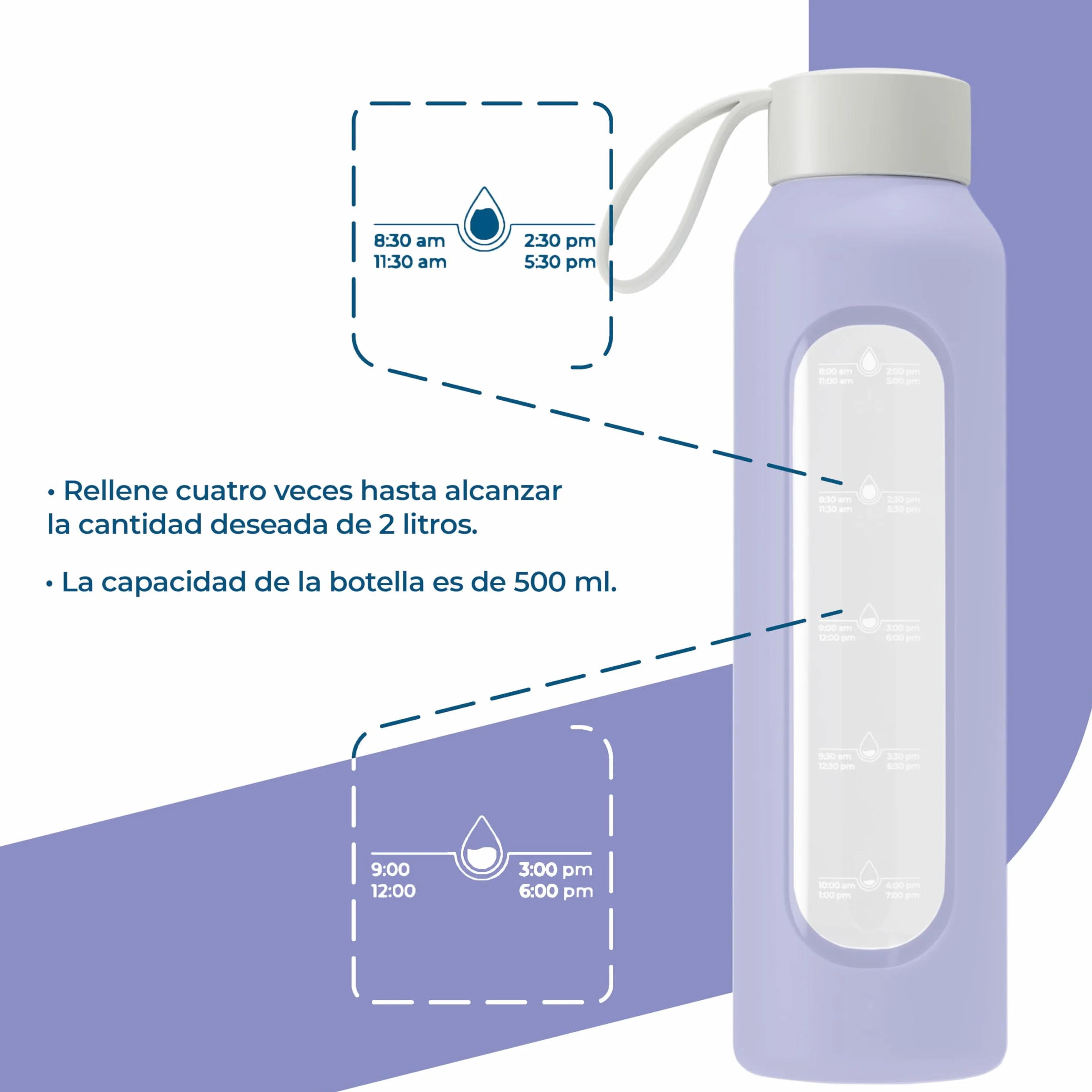 Wessper Botella de Agua Cristal 500 ml con Escala de Hidratación, Vidrio Borosilicato con Funda de Silicona, Sin BPA - Violeta