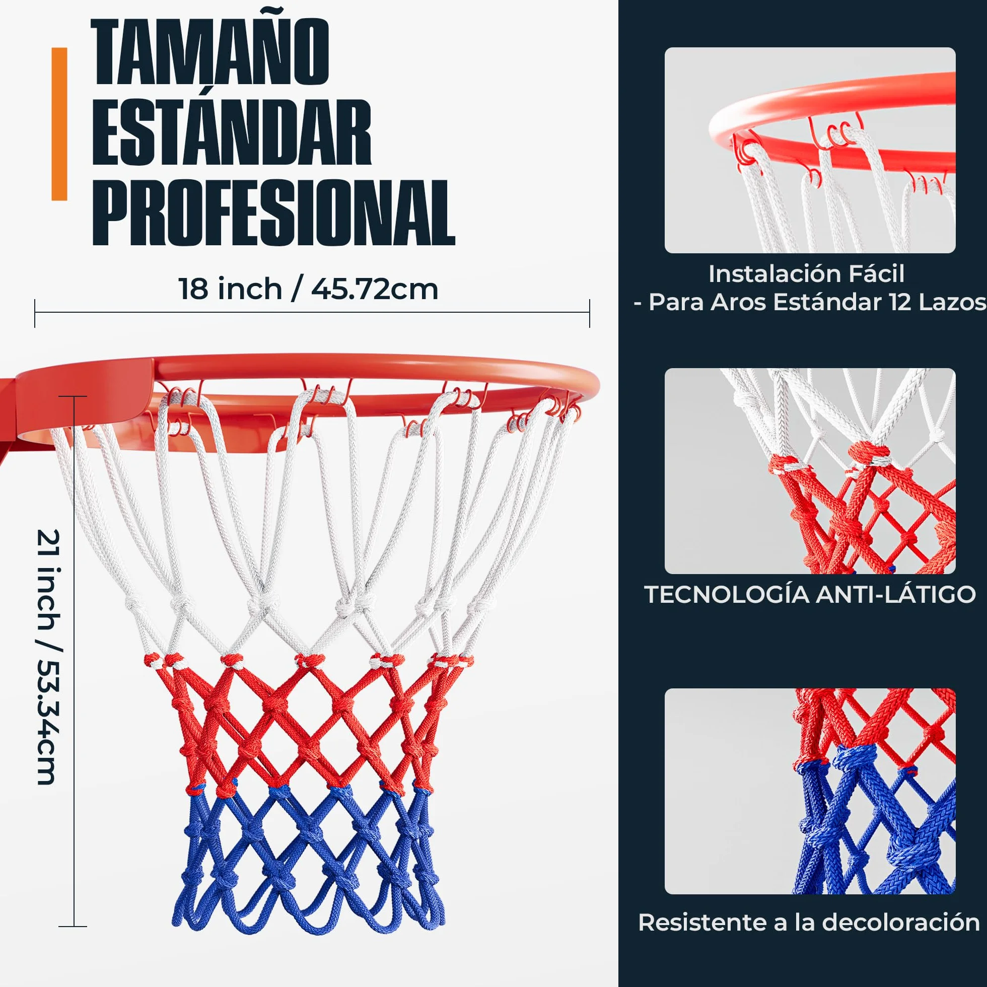 Profesional Red de Baloncesto 150g Repuesto Resistente 12 Ganchos Blanco Rojo Azul